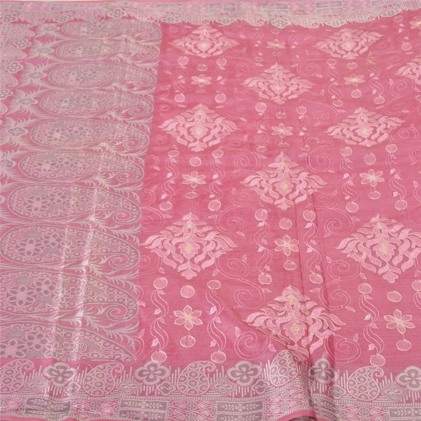 Sanskriti Vintage Pink Sarees Pure Silk Embroidered Woven Premium Sari Fabric