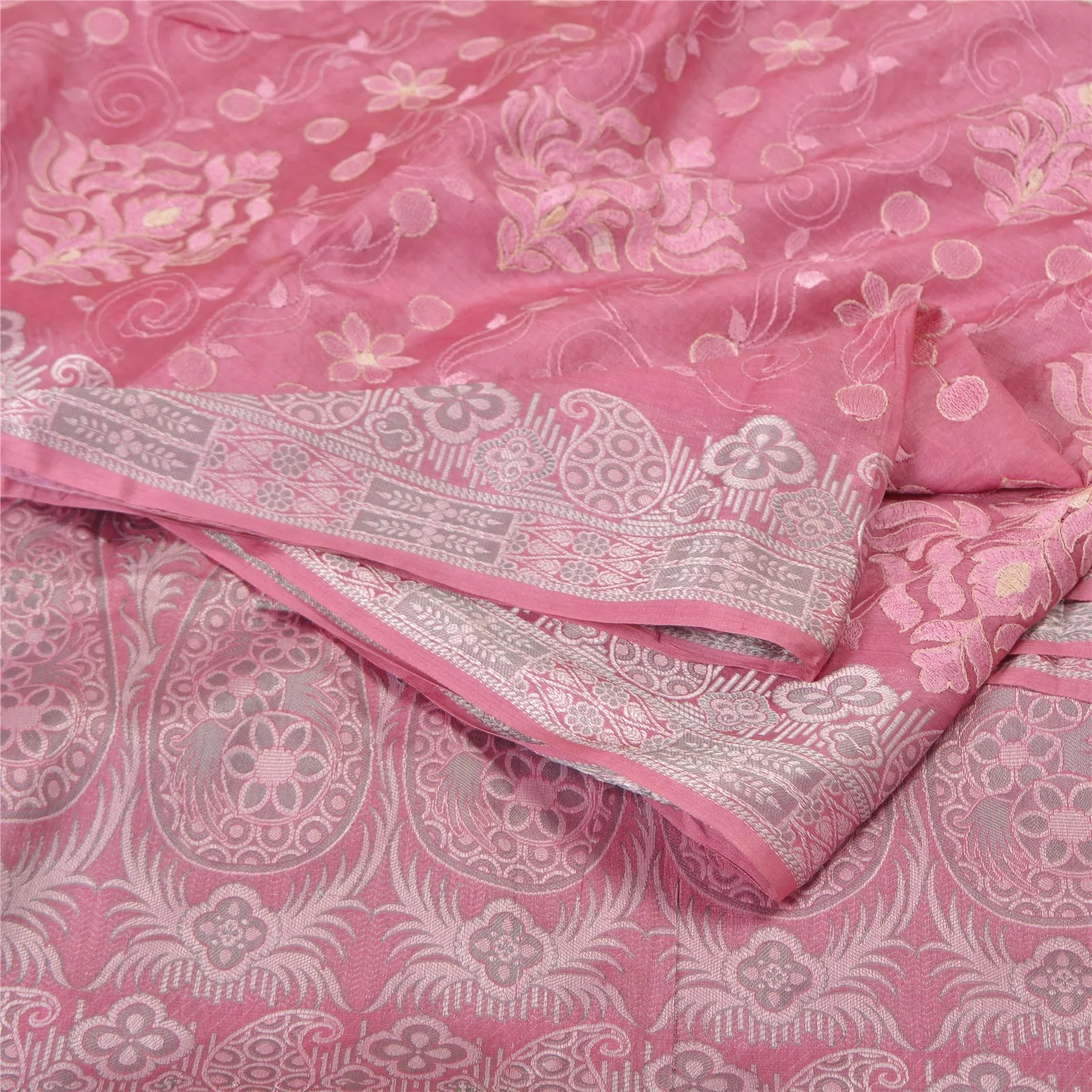 Sanskriti Vintage Pink Sarees Pure Silk Embroidered Woven Premium Sari Fabric