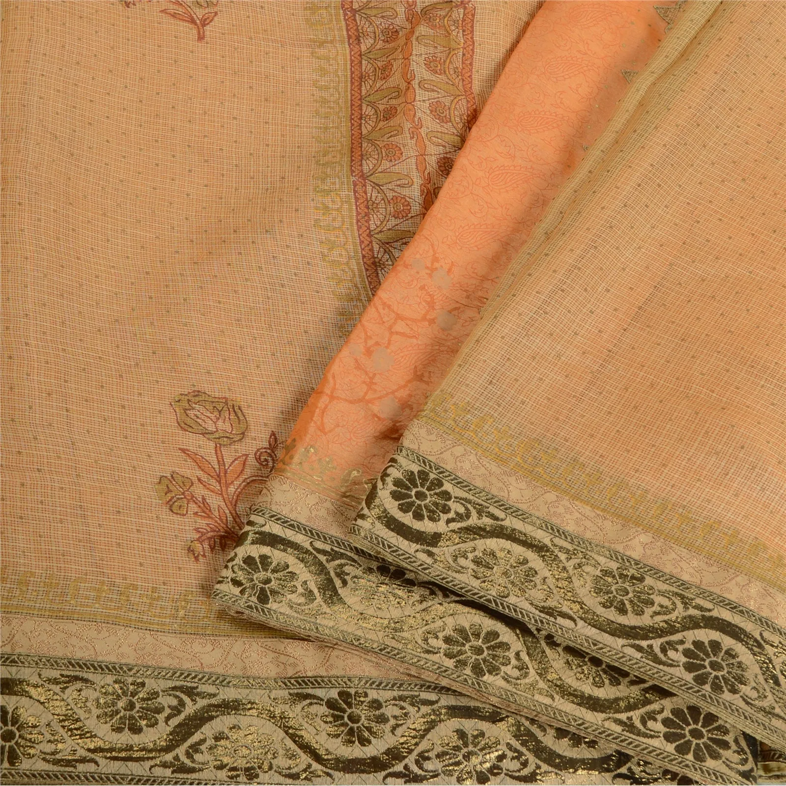 Sanskriti Vintage Saffron Sarees Pure Silk Hand-Block Printed Kota Sari Fabric