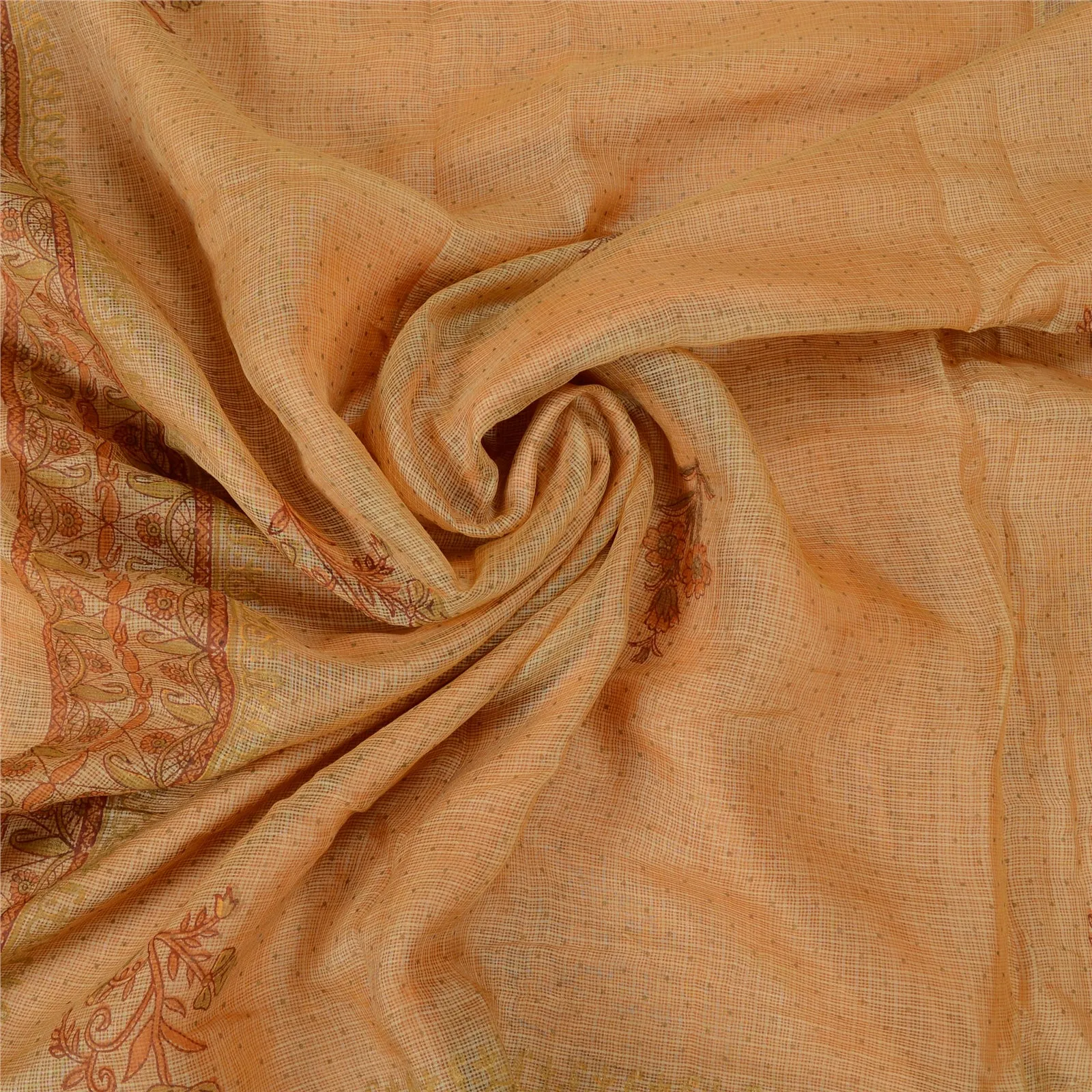 Sanskriti Vintage Saffron Sarees Pure Silk Hand-Block Printed Kota Sari Fabric