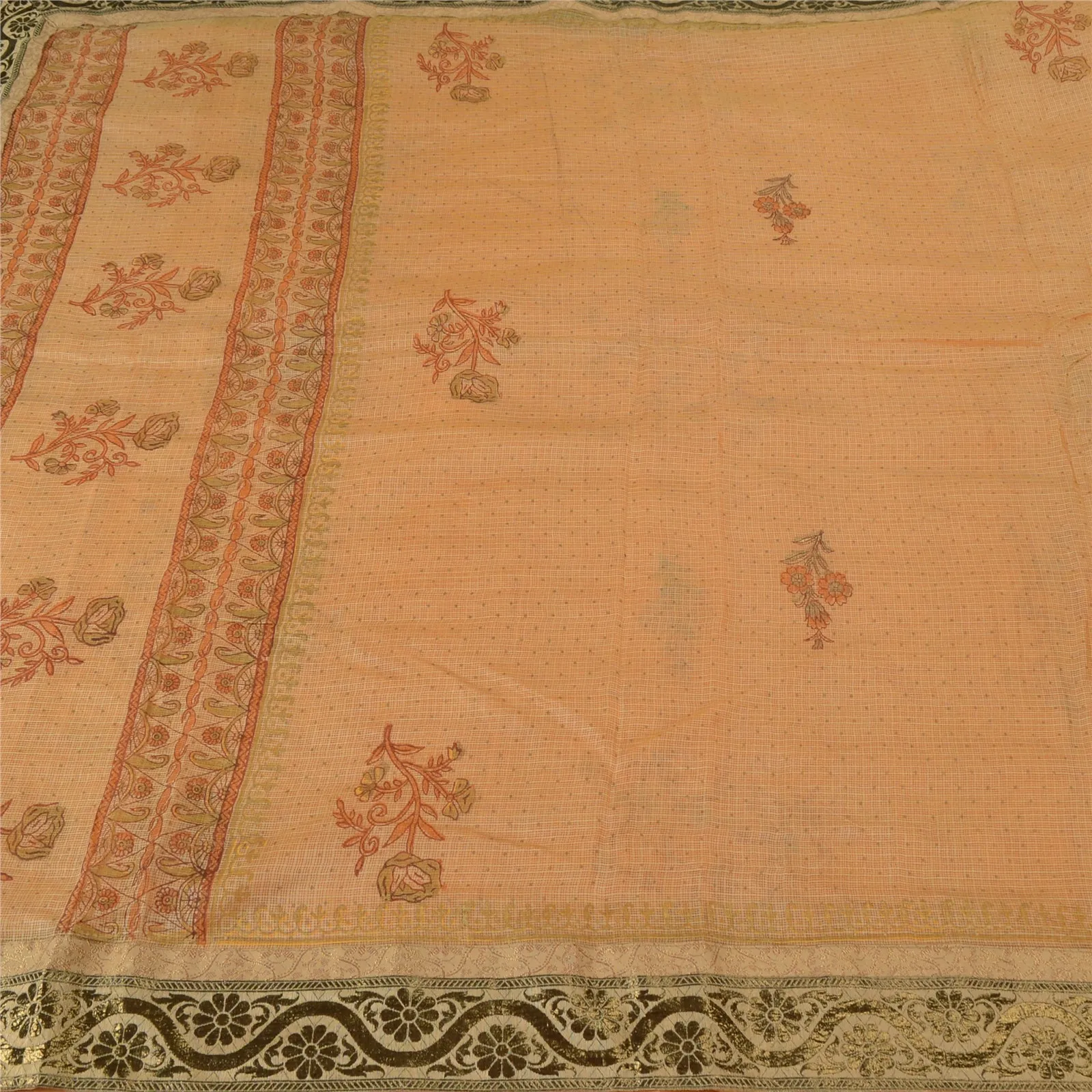 Sanskriti Vintage Saffron Sarees Pure Silk Hand-Block Printed Kota Sari Fabric