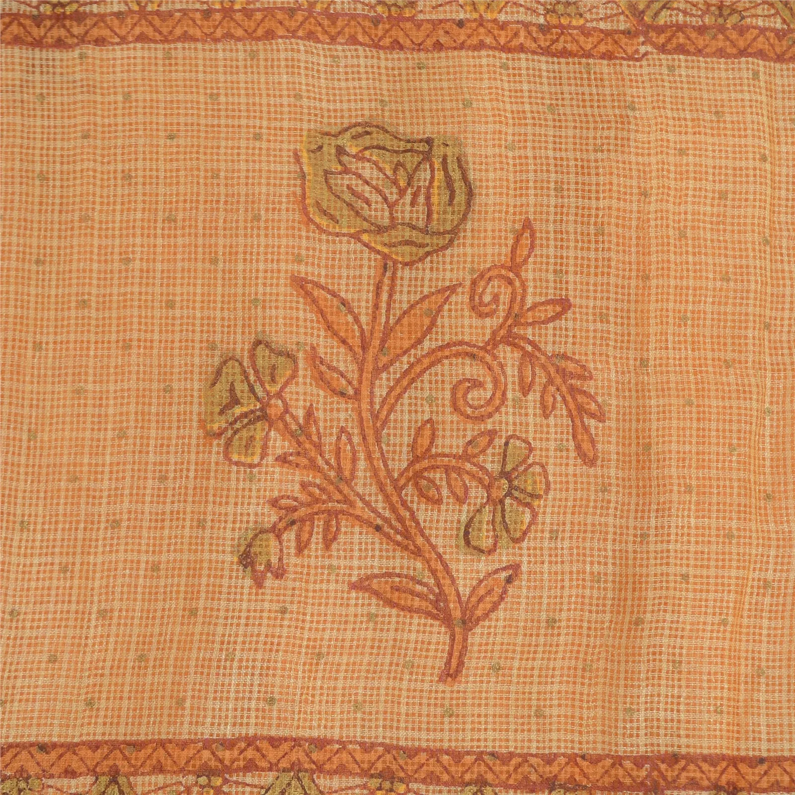 Sanskriti Vintage Saffron Sarees Pure Silk Hand-Block Printed Kota Sari Fabric