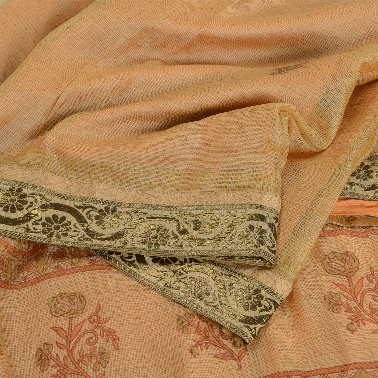 Sanskriti Vintage Saffron Sarees Pure Silk Hand-Block Printed Kota Sari Fabric