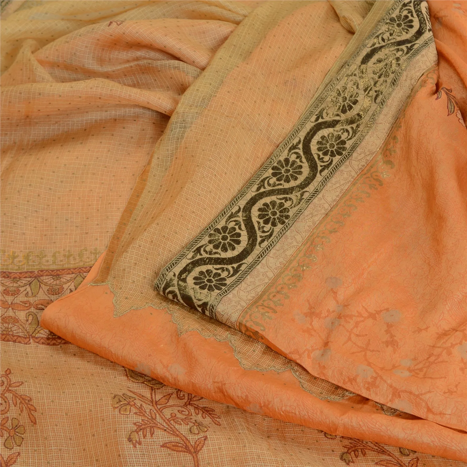 Sanskriti Vintage Saffron Sarees Pure Silk Hand-Block Printed Kota Sari Fabric