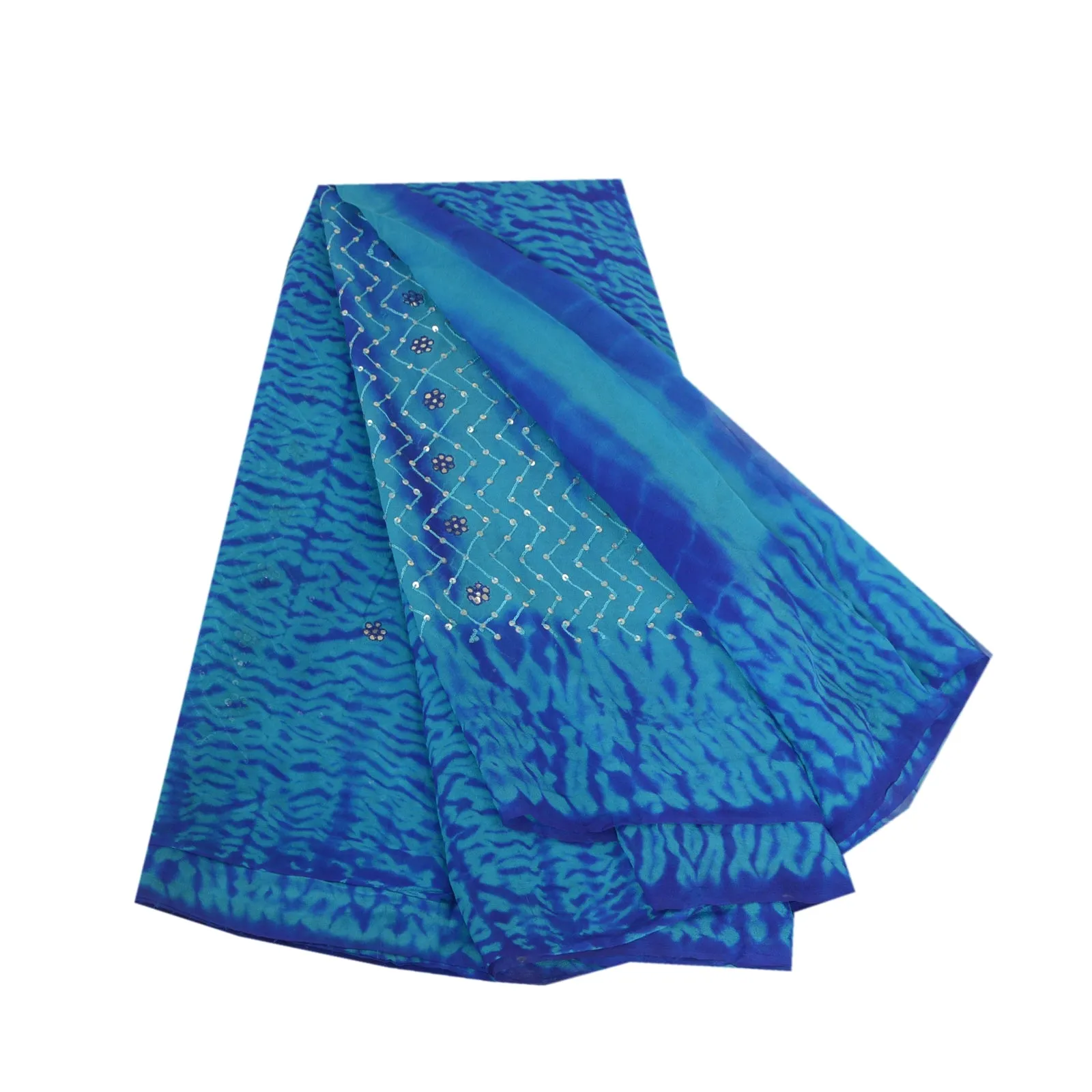 Sanskriti Vintage Sarees Blue Leheria Hand Bead Pure Georgette Silk Sari Fabric