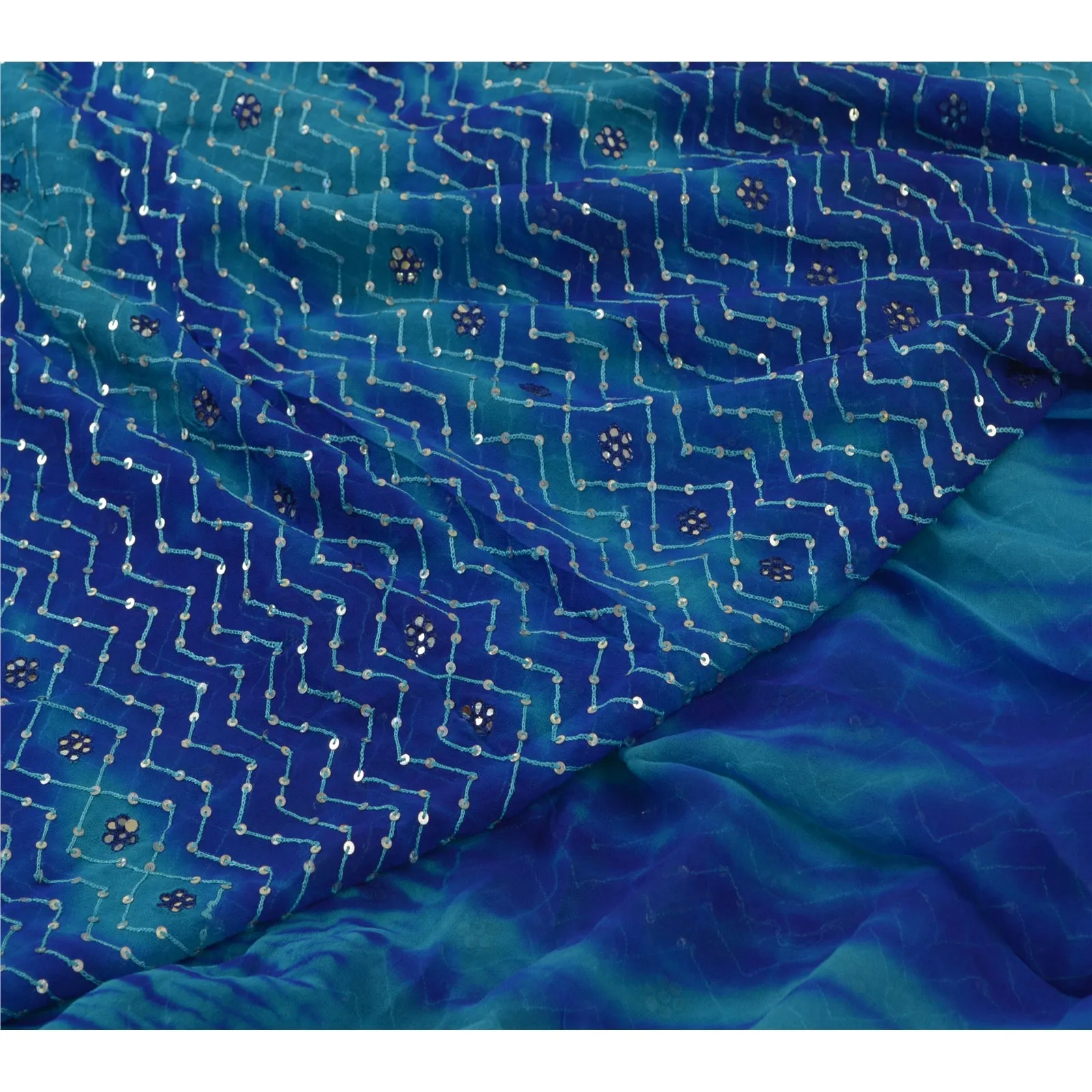 Sanskriti Vintage Sarees Blue Leheria Hand Bead Pure Georgette Silk Sari Fabric