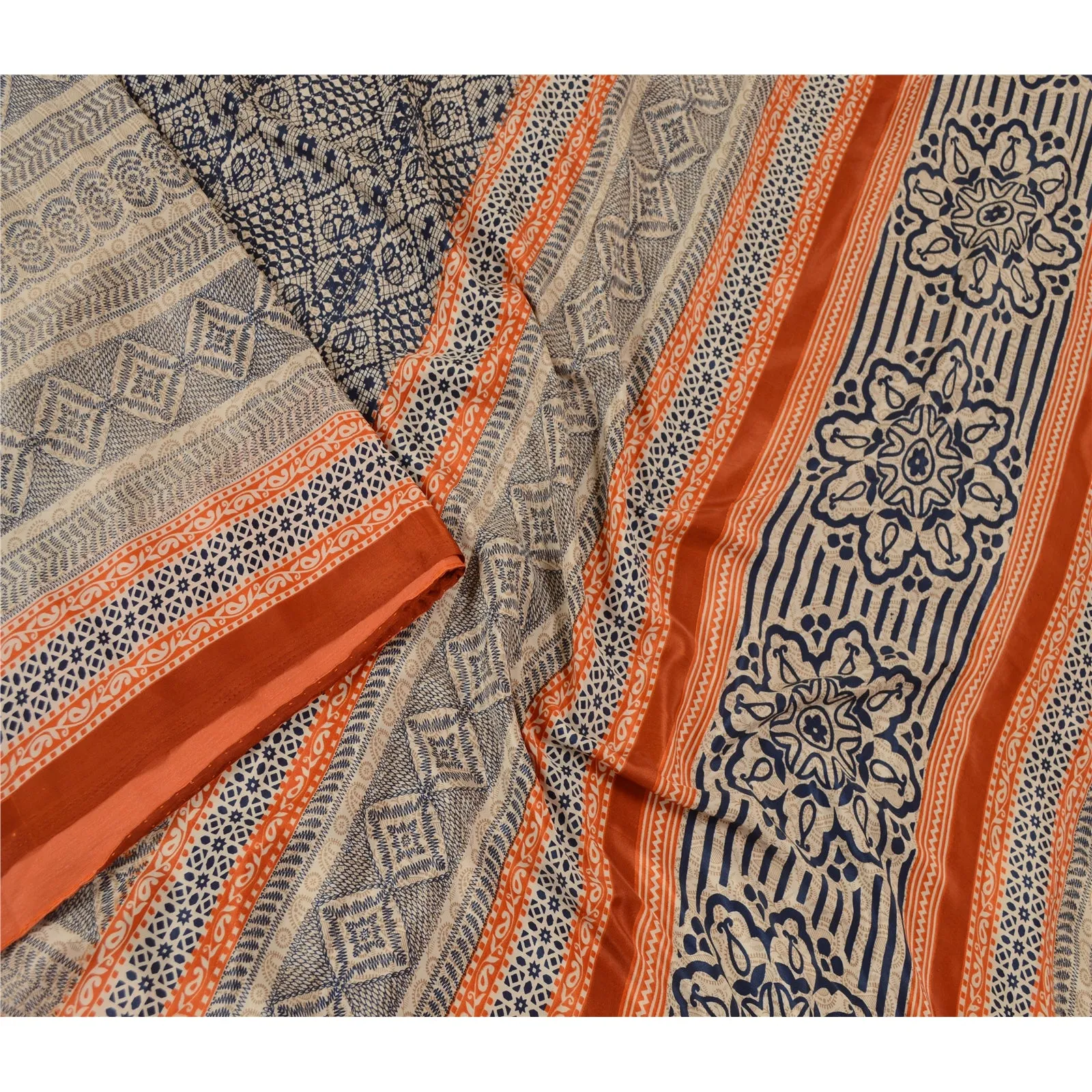 Sanskriti Vintage Sarees Blue Moss Crepe Printed Sari Geometric 5yd Craft Fabric