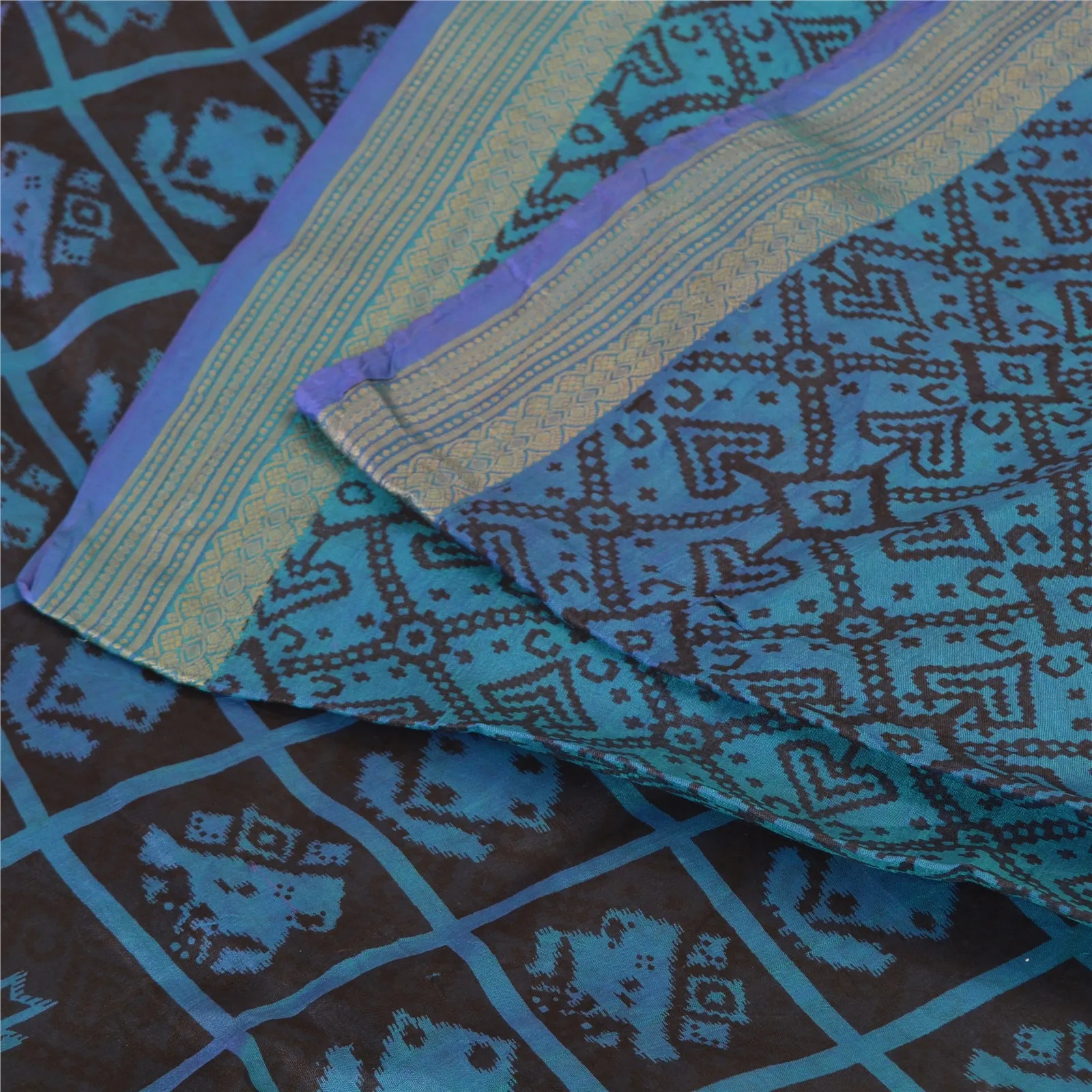 Sanskriti Vintage Sarees Blue Patan Patola Printed Pure Silk Sari Craft Fabric