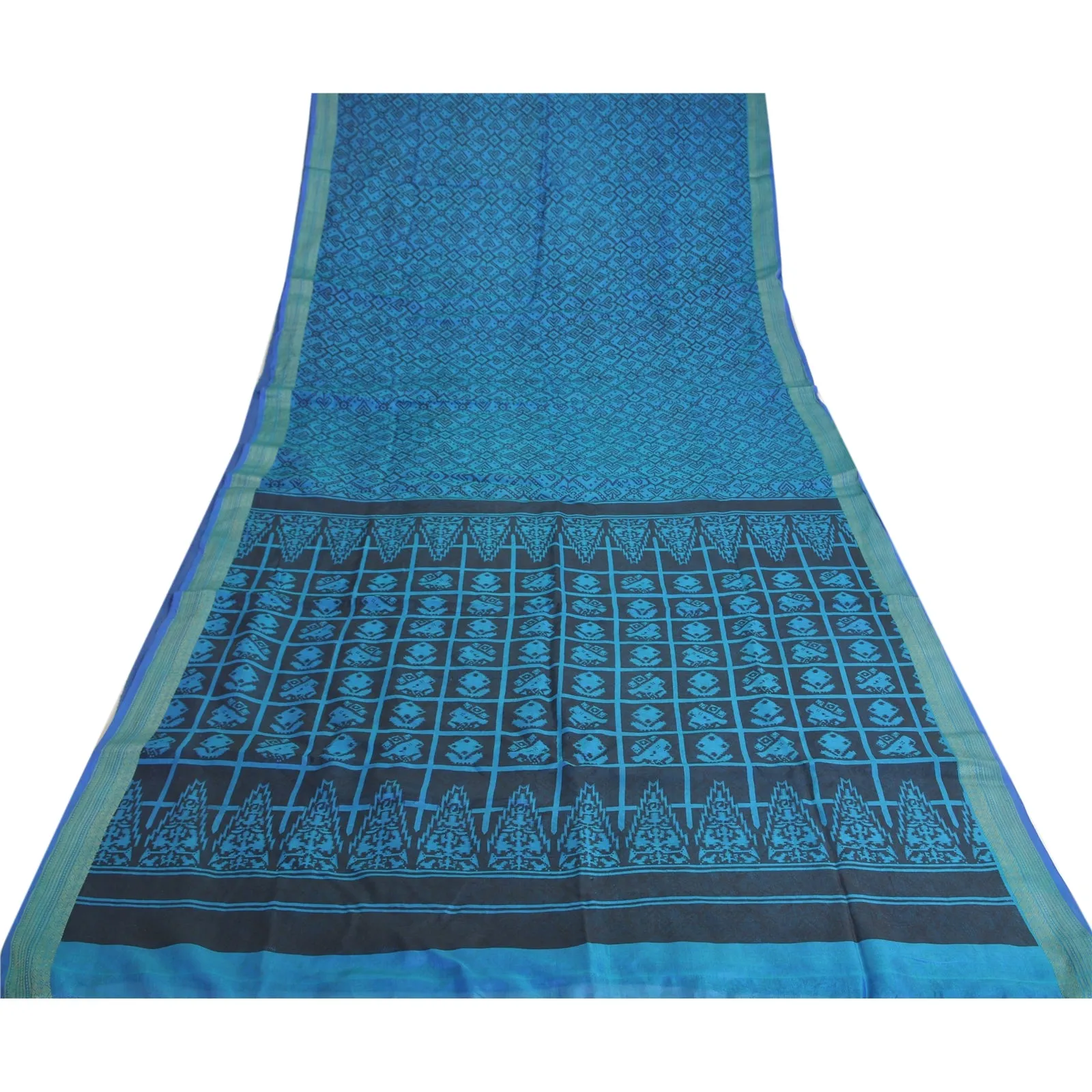 Sanskriti Vintage Sarees Blue Patan Patola Printed Pure Silk Sari Craft Fabric