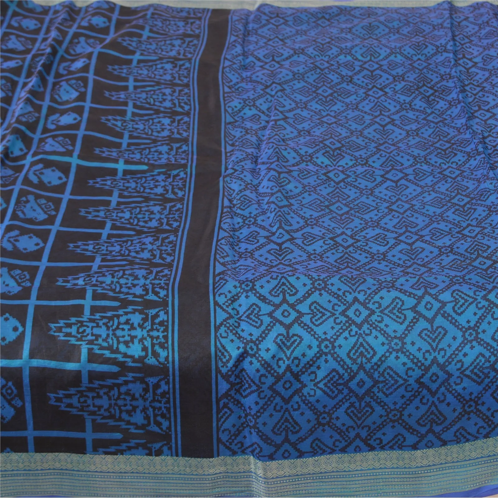 Sanskriti Vintage Sarees Blue Patan Patola Printed Pure Silk Sari Craft Fabric