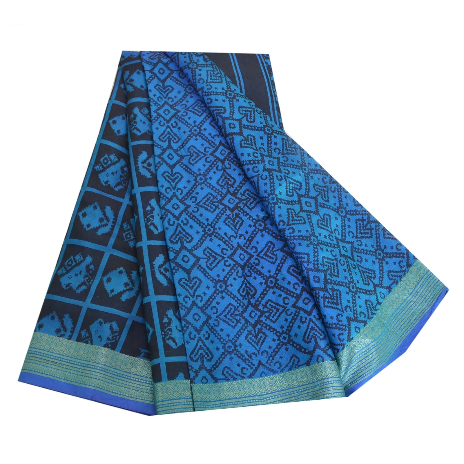 Sanskriti Vintage Sarees Blue Patan Patola Printed Pure Silk Sari Craft Fabric