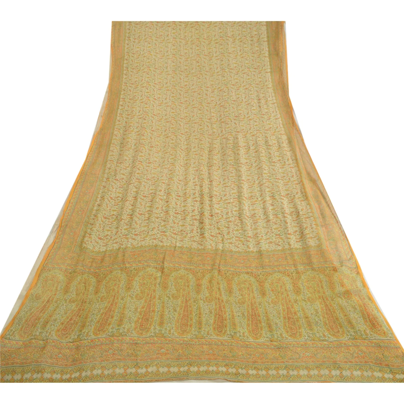 Sanskriti Vintage Sarees Cream Pure Chiffon Silk Printed Sari Soft Craft Fabric