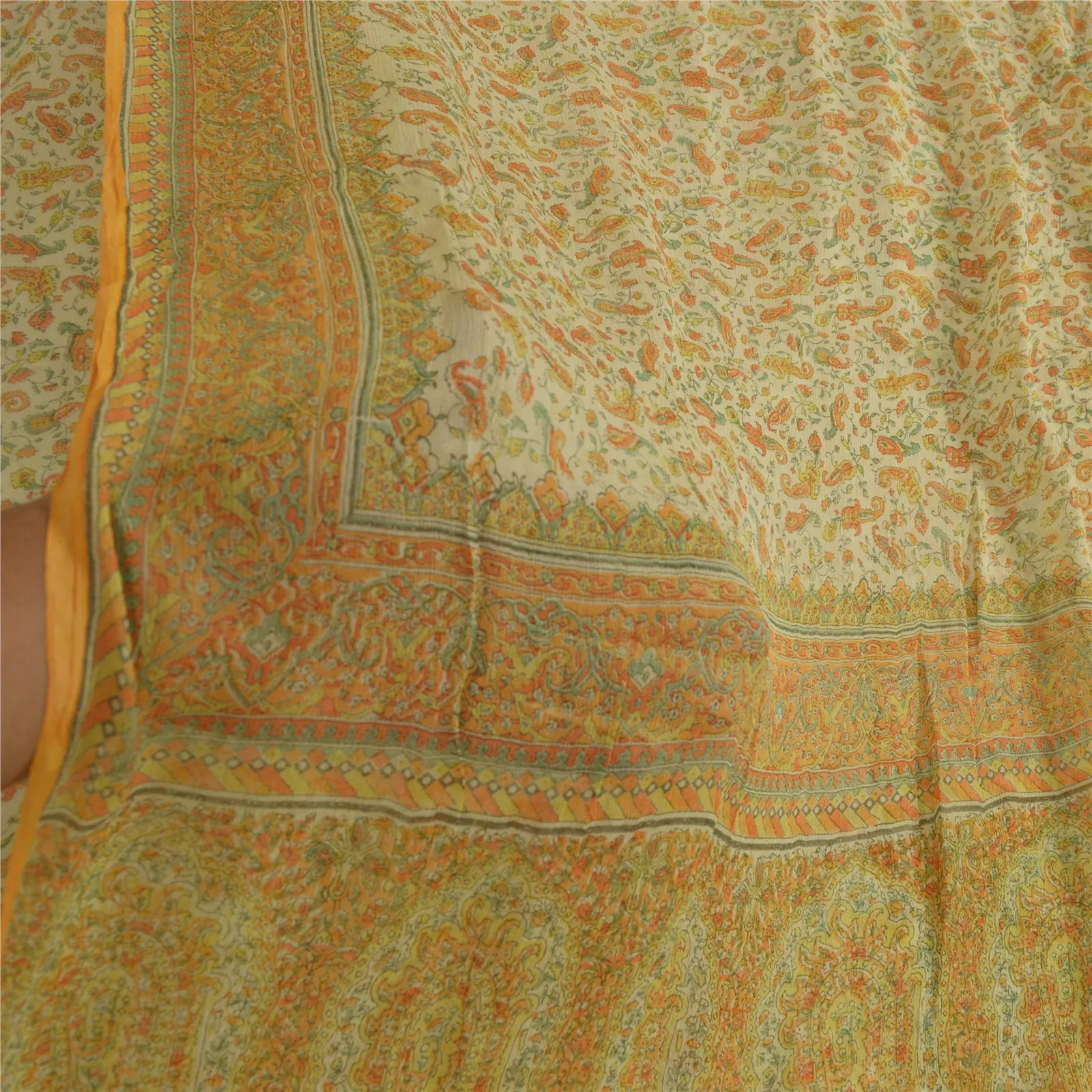 Sanskriti Vintage Sarees Cream Pure Chiffon Silk Printed Sari Soft Craft Fabric