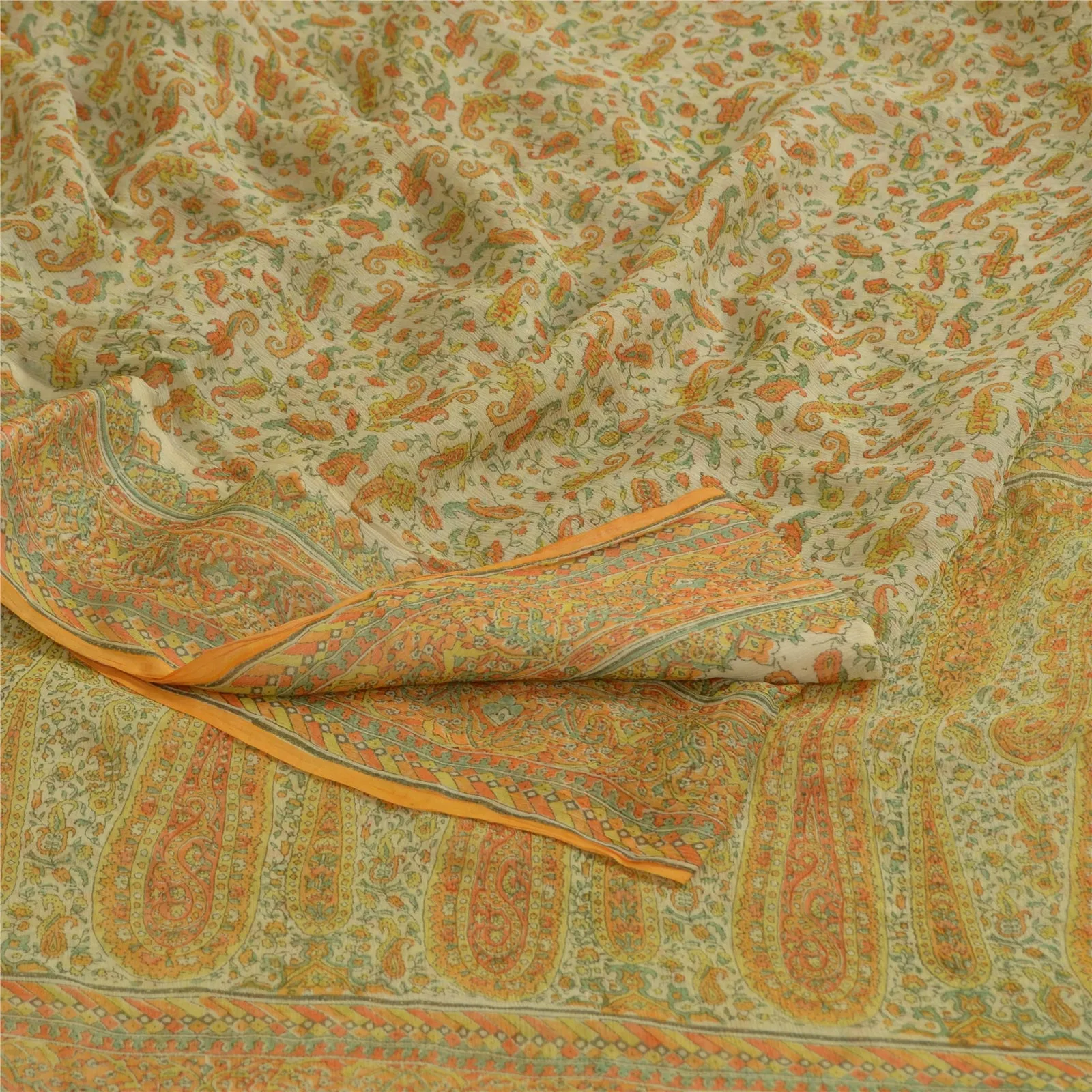 Sanskriti Vintage Sarees Cream Pure Chiffon Silk Printed Sari Soft Craft Fabric