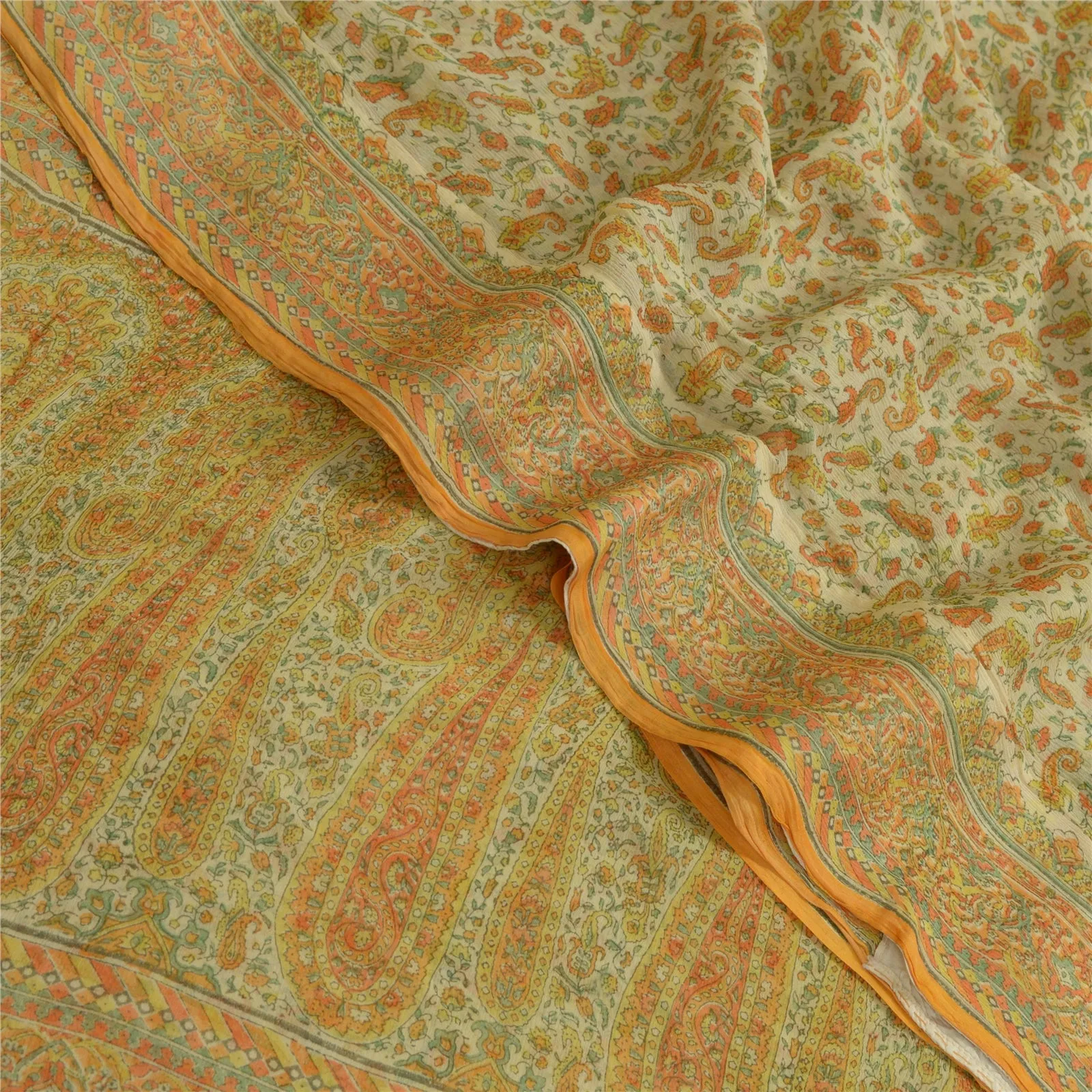 Sanskriti Vintage Sarees Cream Pure Chiffon Silk Printed Sari Soft Craft Fabric