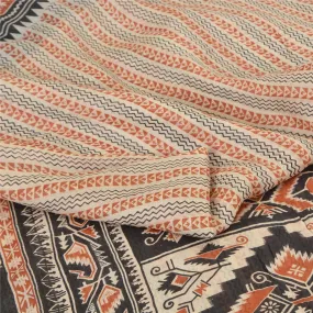 Sanskriti Vintage Sarees Cream/Orange Pure Silk Printed Sari 5yd Craft Fabric