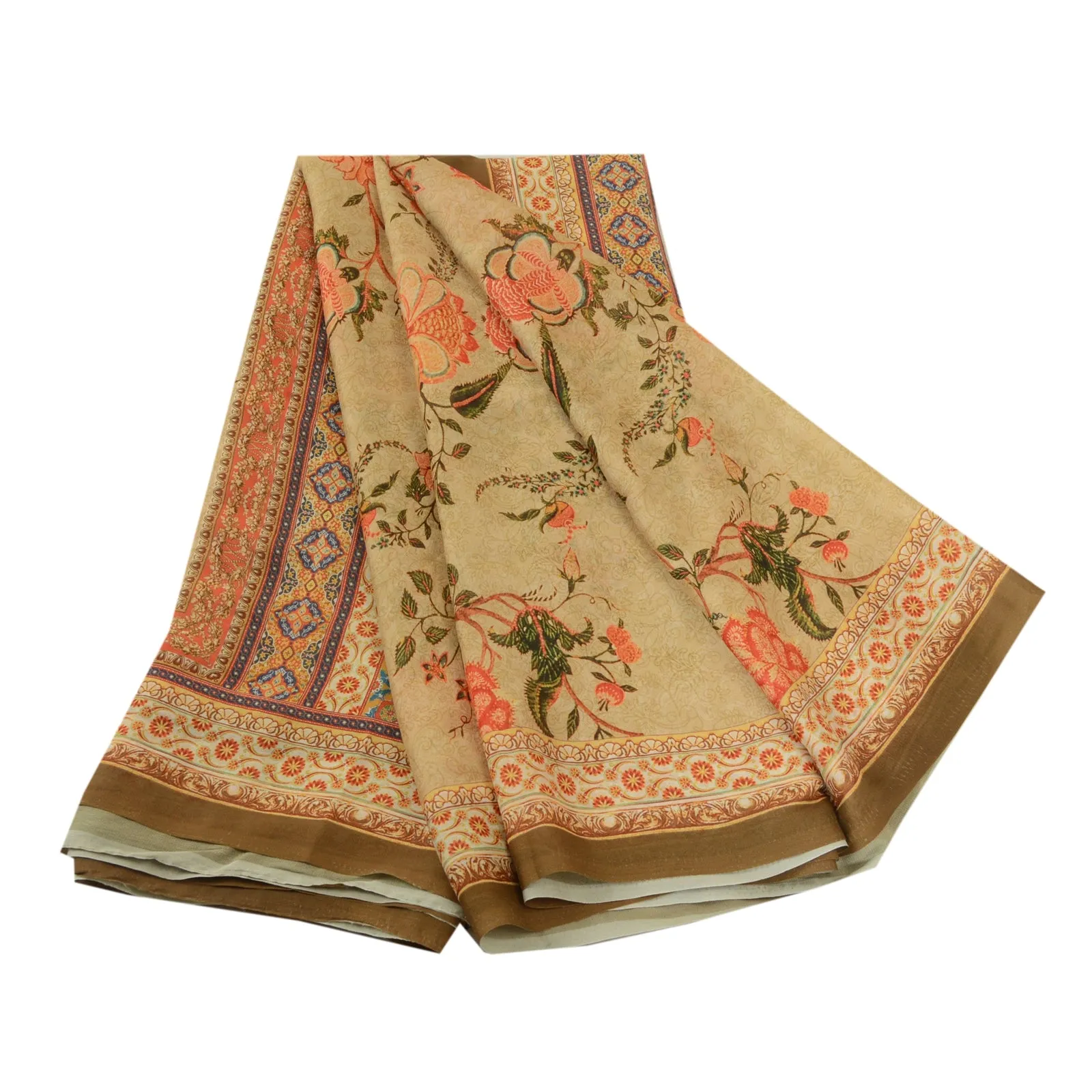 Sanskriti Vintage Sarees From India Cream Georgette Printed Sari Craft Fabric