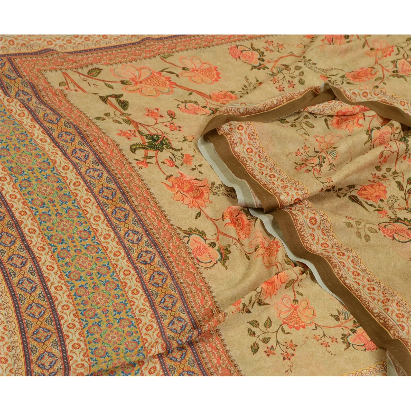 Sanskriti Vintage Sarees From India Cream Georgette Printed Sari Craft Fabric