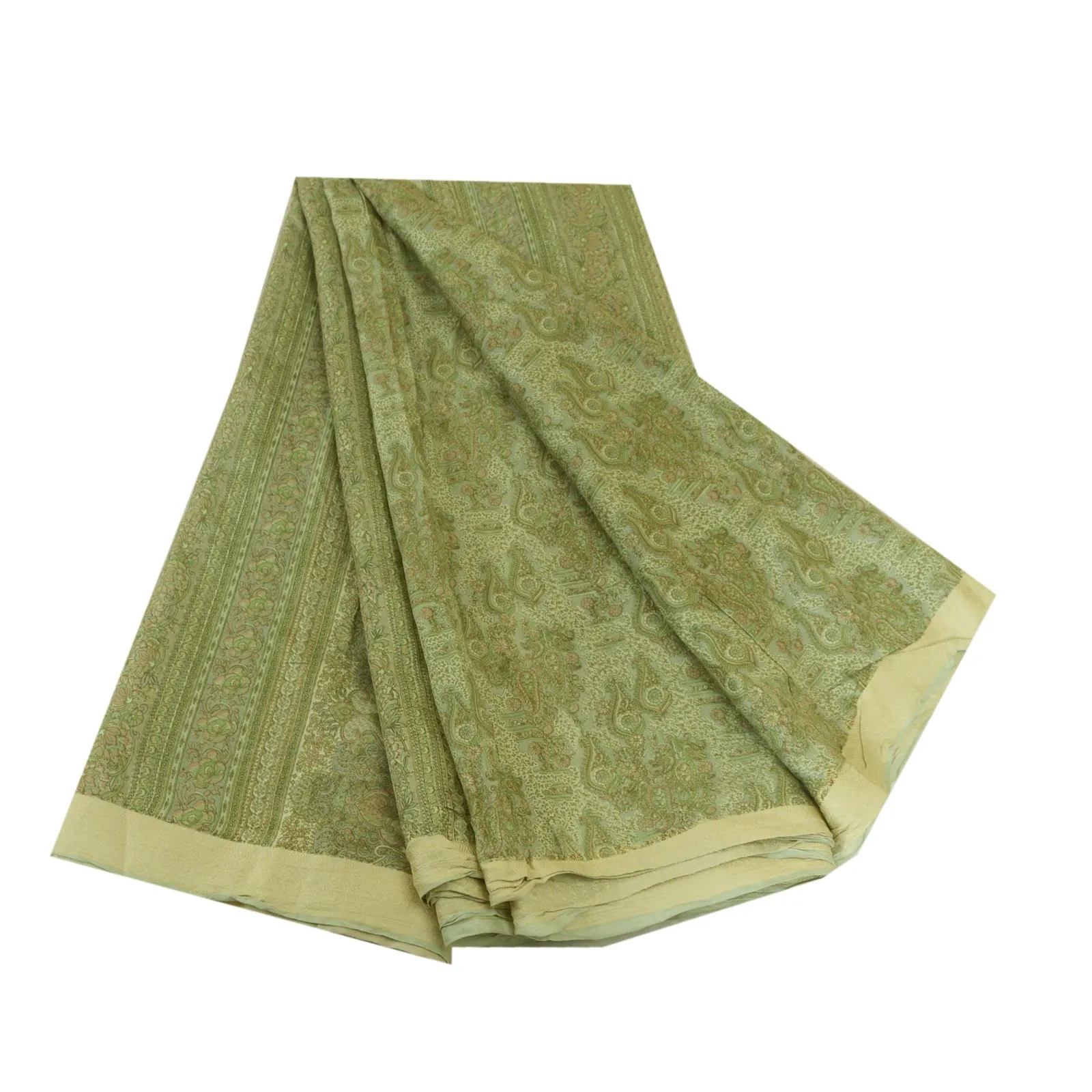 Sanskriti Vintage Sarees Green 100% Pure Silk Sari Printed 5yd Soft Craft Fabric