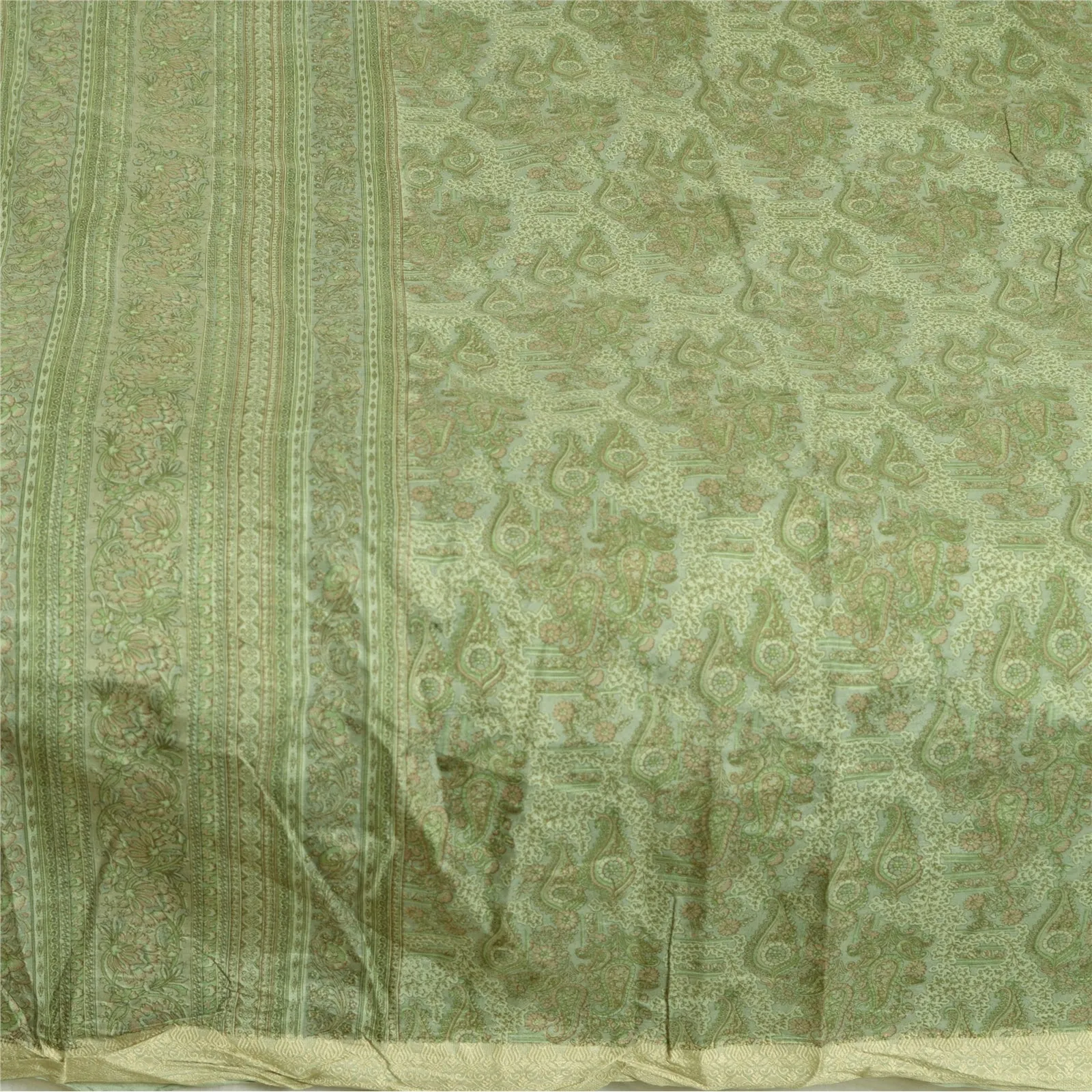 Sanskriti Vintage Sarees Green 100% Pure Silk Sari Printed 5yd Soft Craft Fabric