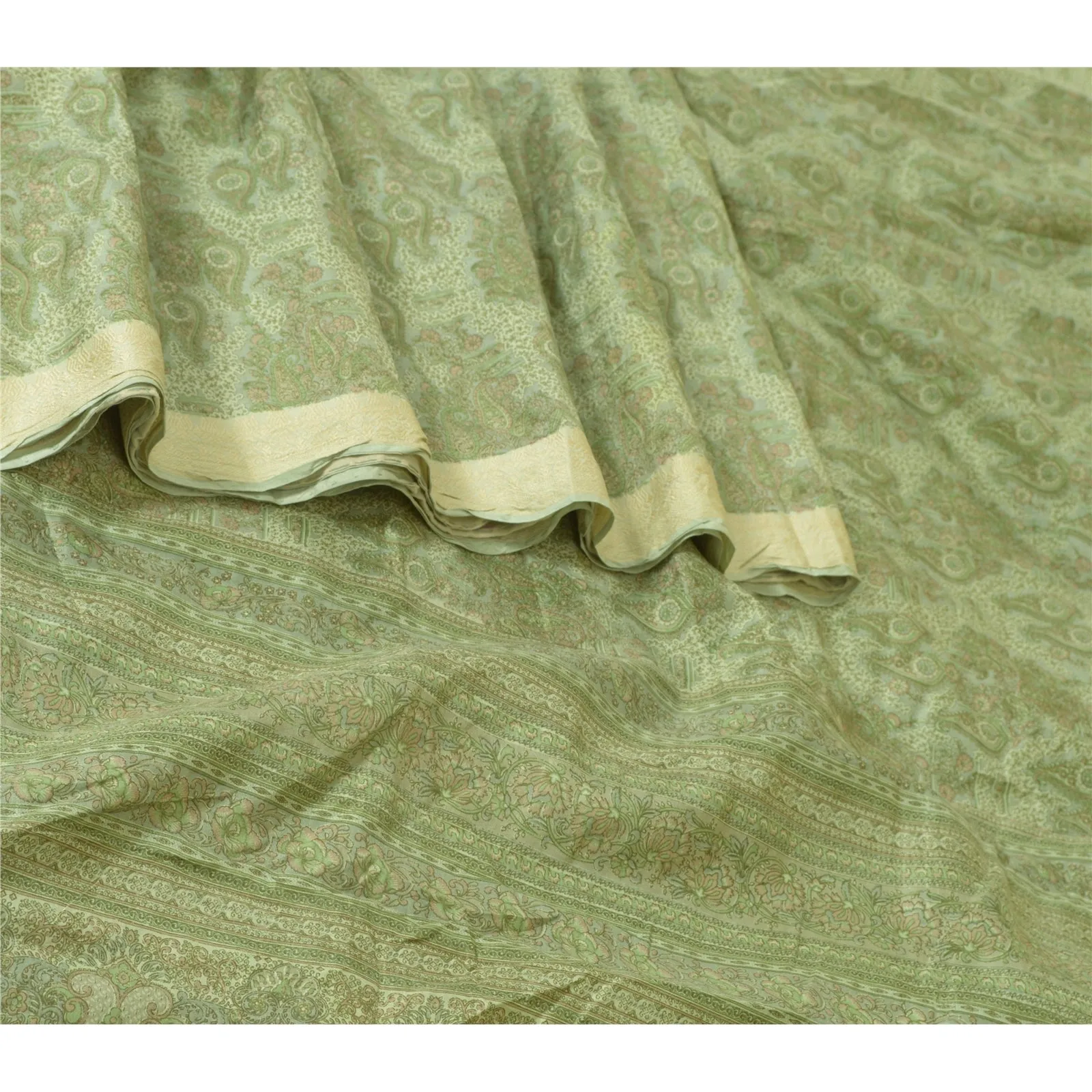 Sanskriti Vintage Sarees Green 100% Pure Silk Sari Printed 5yd Soft Craft Fabric