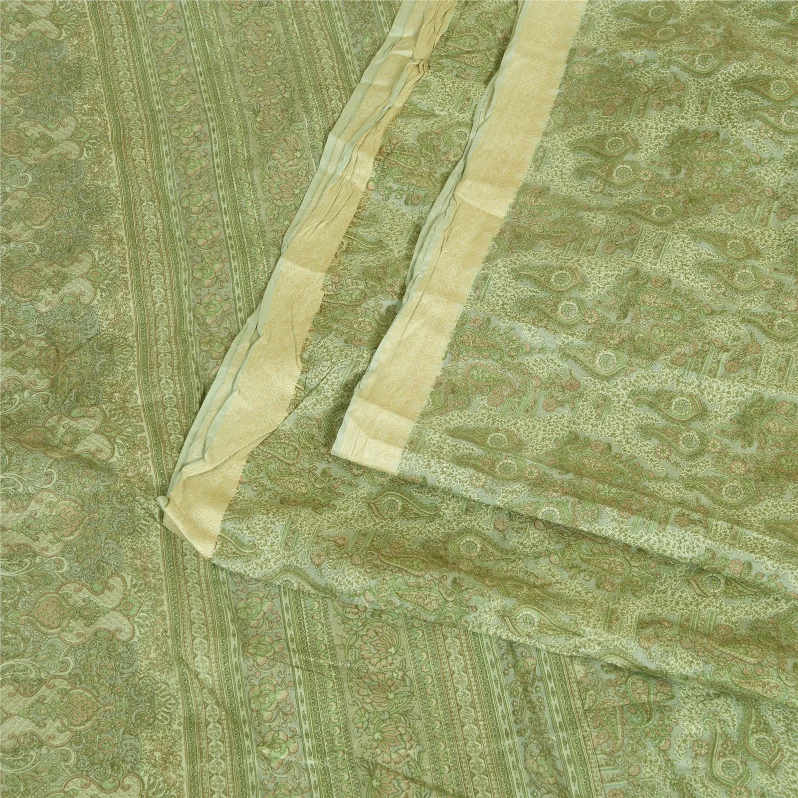 Sanskriti Vintage Sarees Green 100% Pure Silk Sari Printed 5yd Soft Craft Fabric