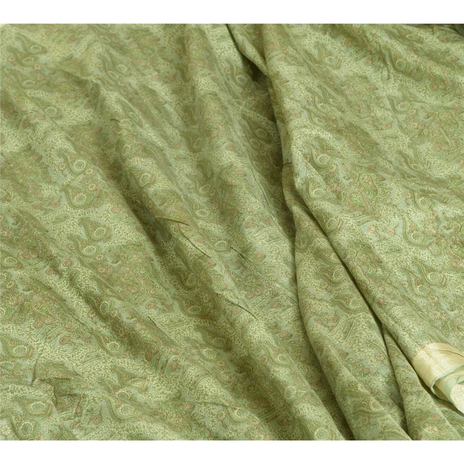 Sanskriti Vintage Sarees Green 100% Pure Silk Sari Printed 5yd Soft Craft Fabric