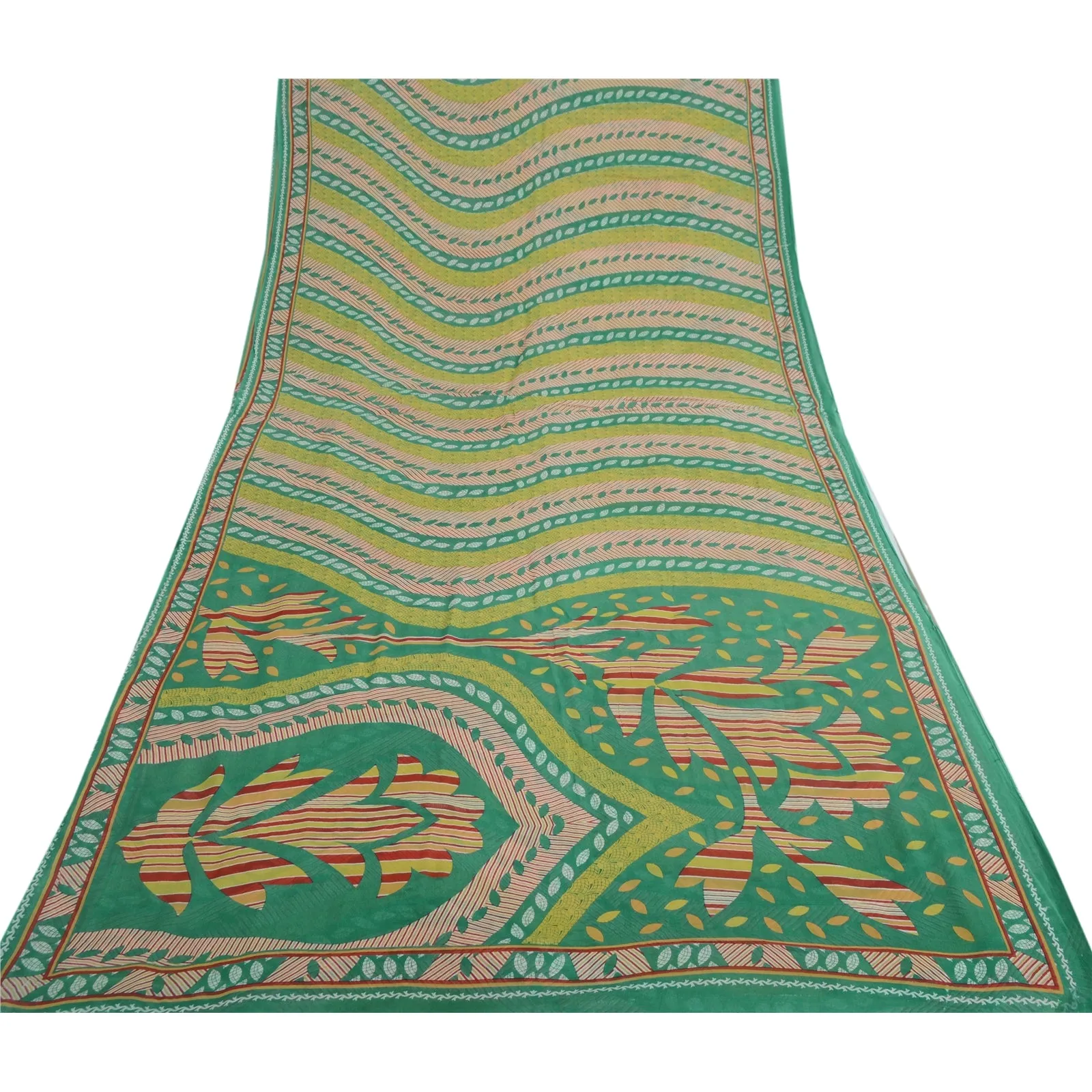 Sanskriti Vintage Sarees Green Indian Pure Cotton Printed Sari 5yd Craft Fabric