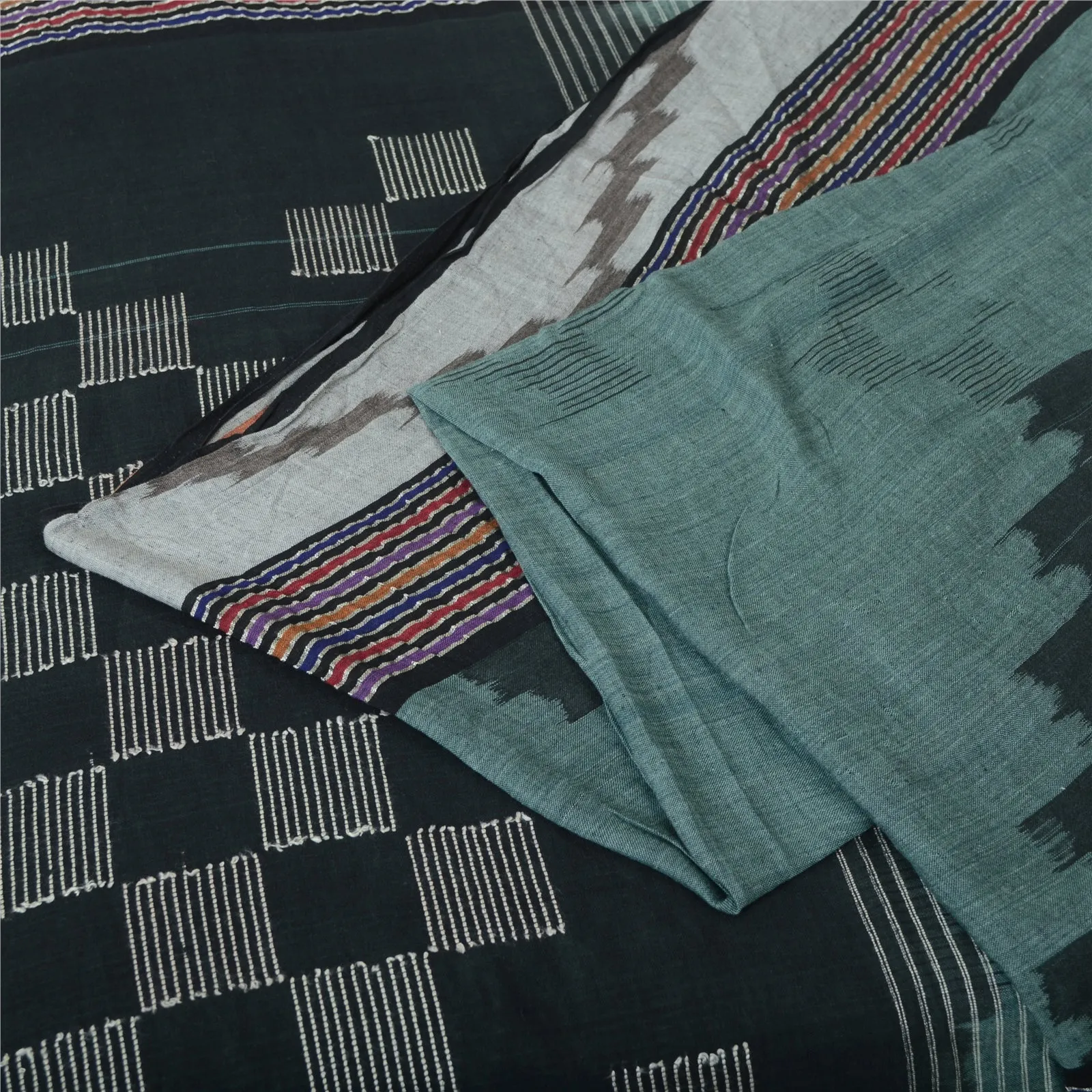 Sanskriti Vintage Sarees Greyish-blue Pure Cotton Ikat Print Woven Sari Fabric