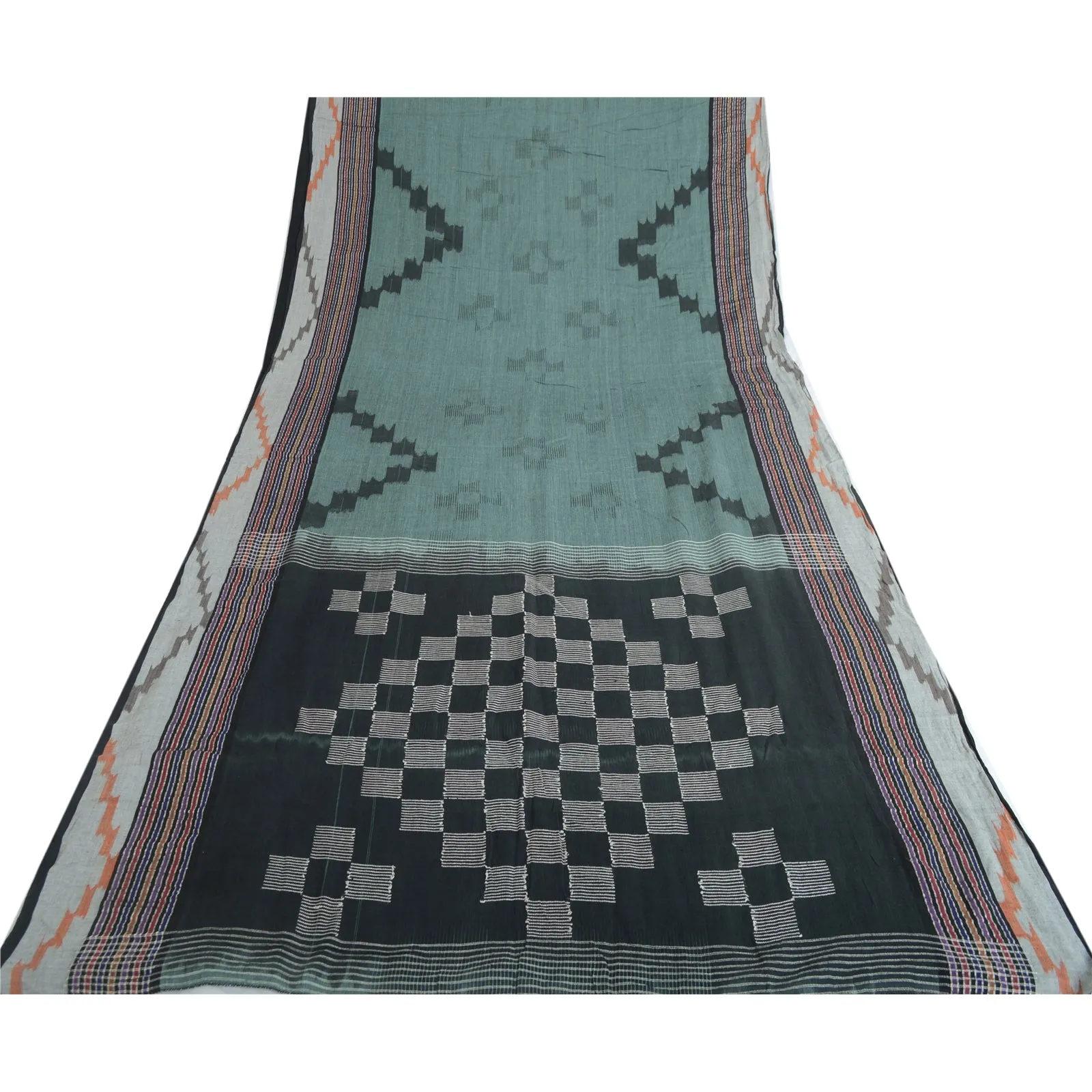 Sanskriti Vintage Sarees Greyish-blue Pure Cotton Ikat Print Woven Sari Fabric