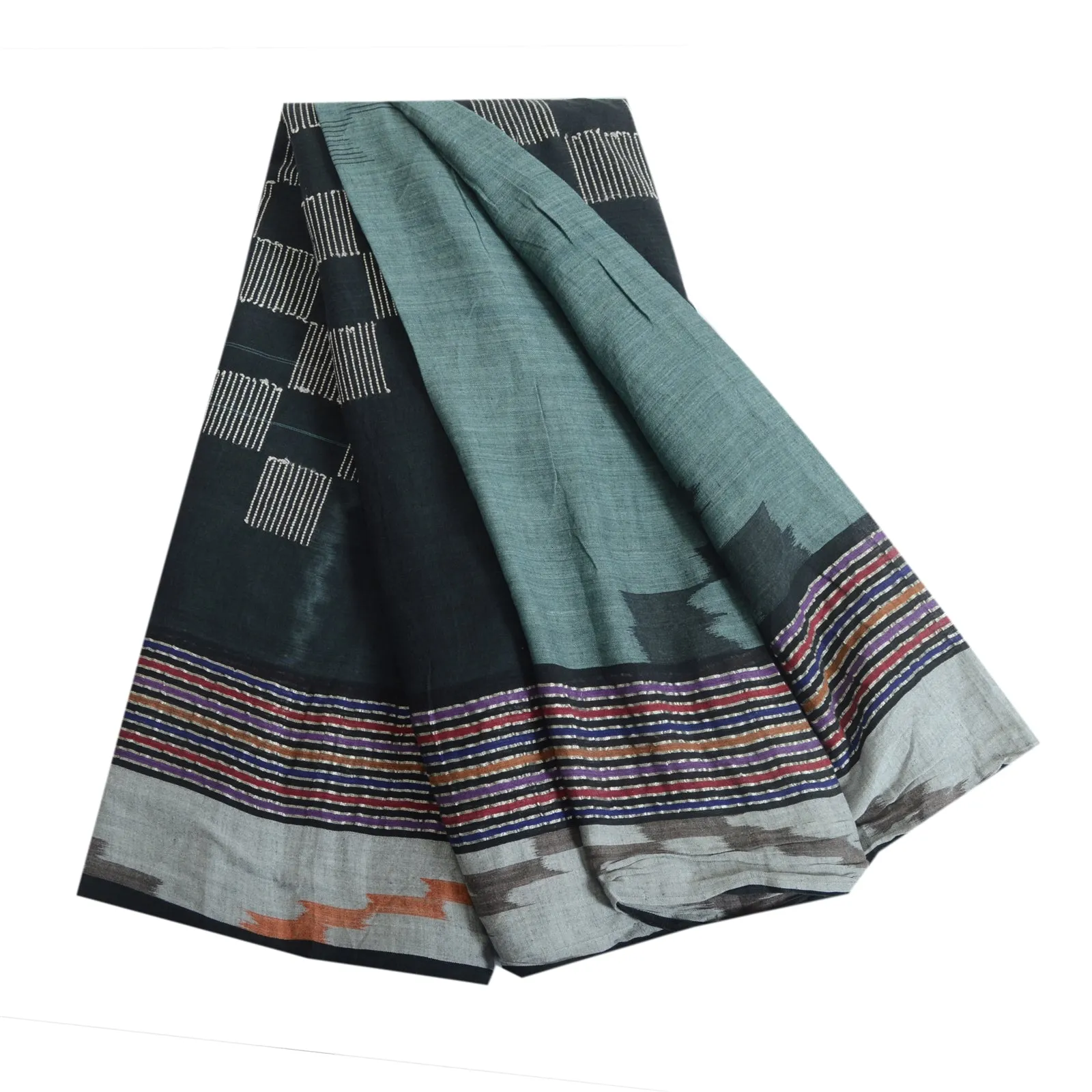 Sanskriti Vintage Sarees Greyish-blue Pure Cotton Ikat Print Woven Sari Fabric