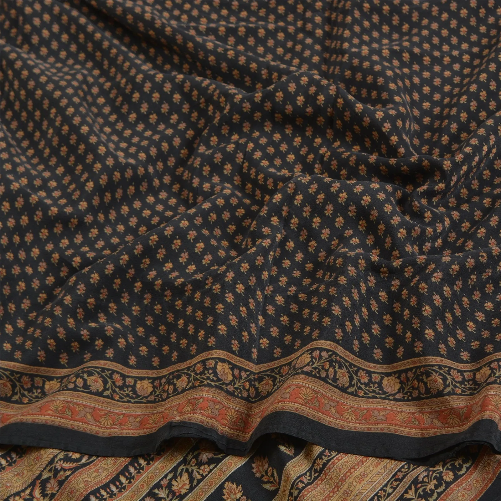 Sanskriti Vintage Sarees Indian Black Pure Crepe Silk Printed Sari Craft Fabric