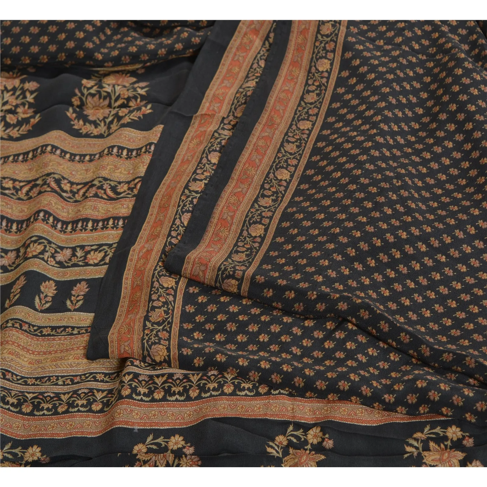 Sanskriti Vintage Sarees Indian Black Pure Crepe Silk Printed Sari Craft Fabric