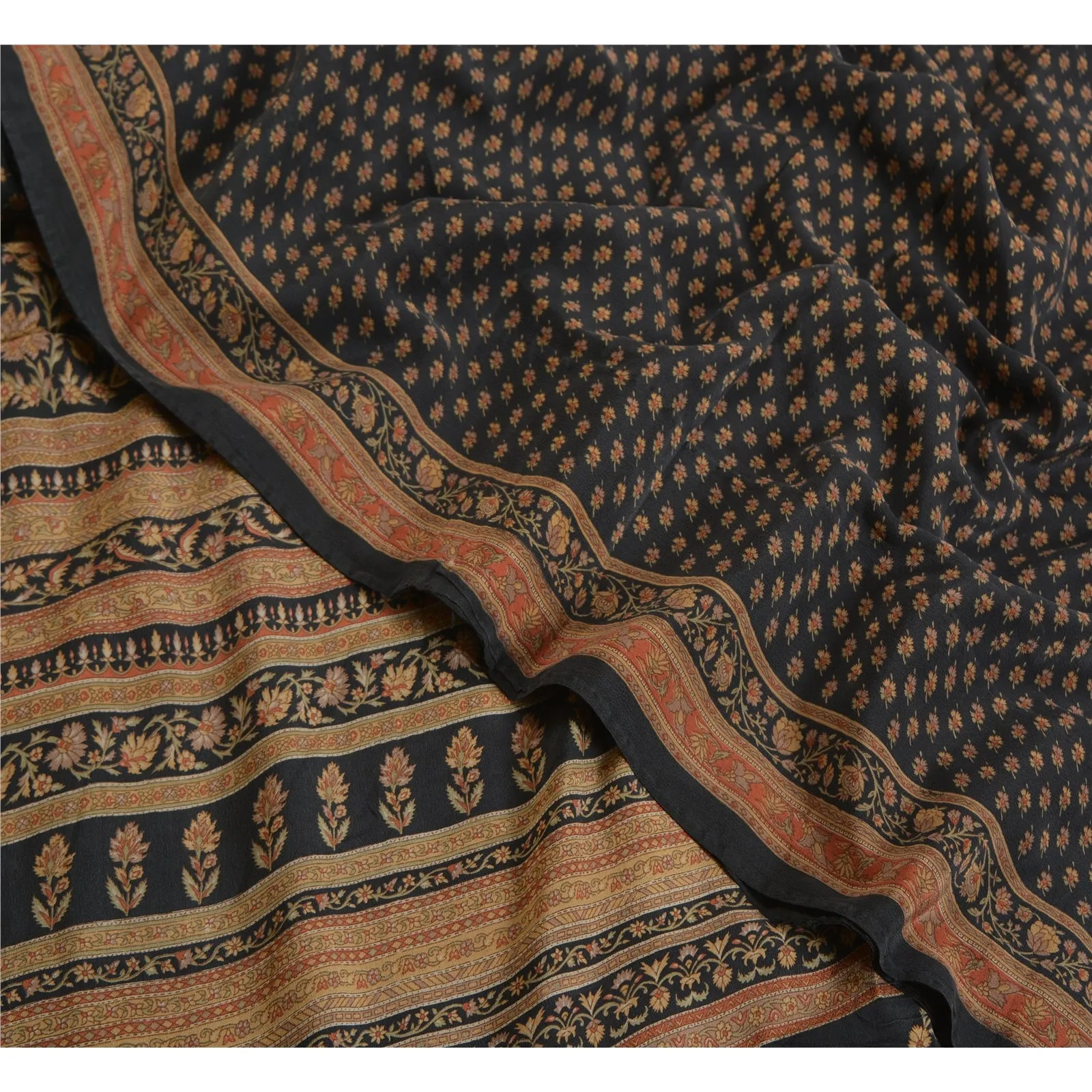 Sanskriti Vintage Sarees Indian Black Pure Crepe Silk Printed Sari Craft Fabric