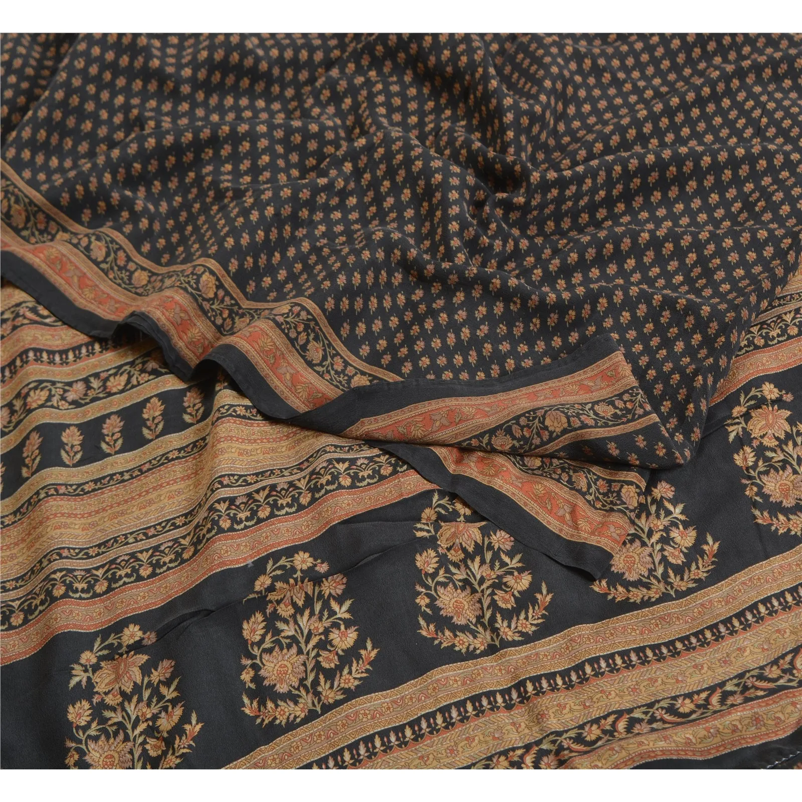 Sanskriti Vintage Sarees Indian Black Pure Crepe Silk Printed Sari Craft Fabric