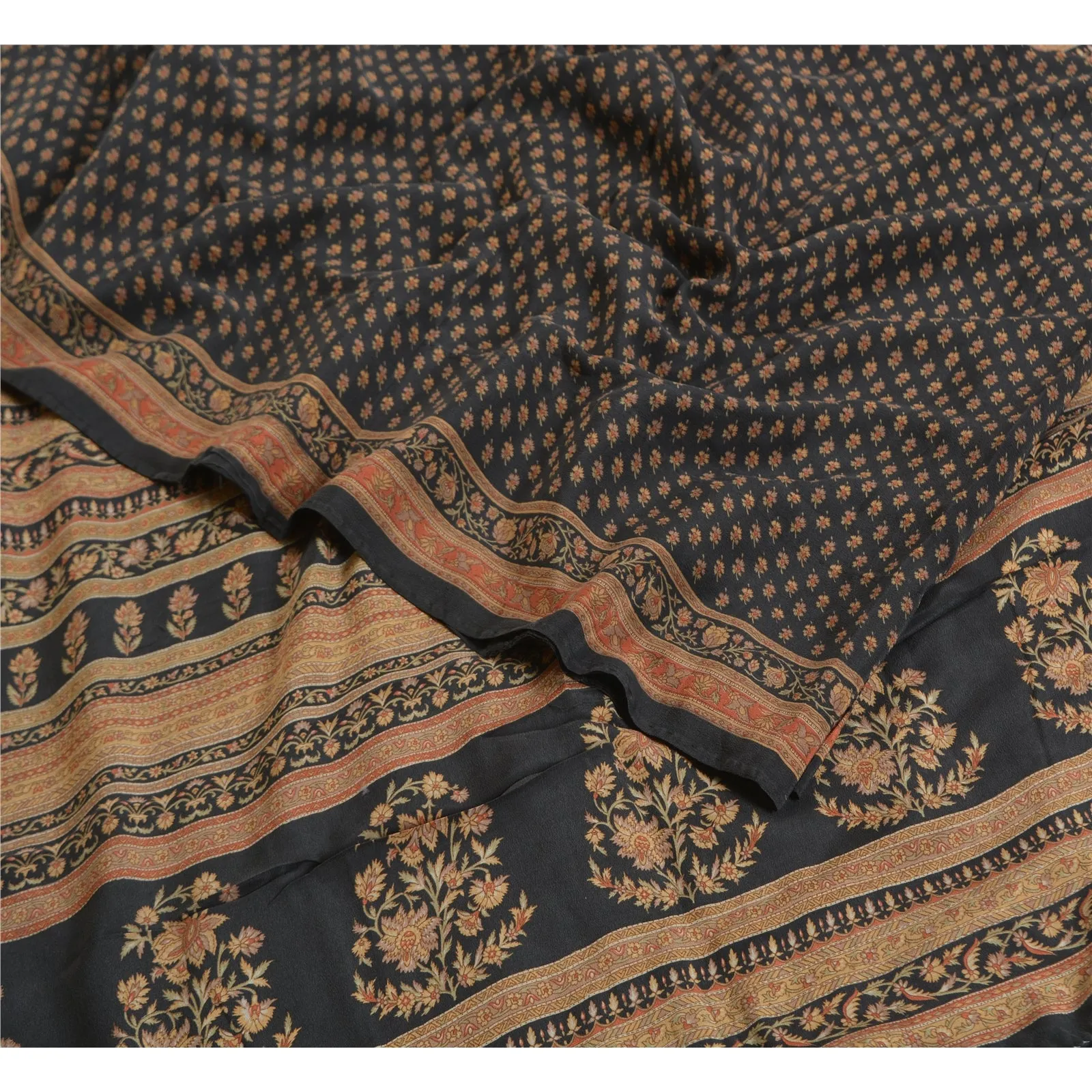 Sanskriti Vintage Sarees Indian Black Pure Crepe Silk Printed Sari Craft Fabric