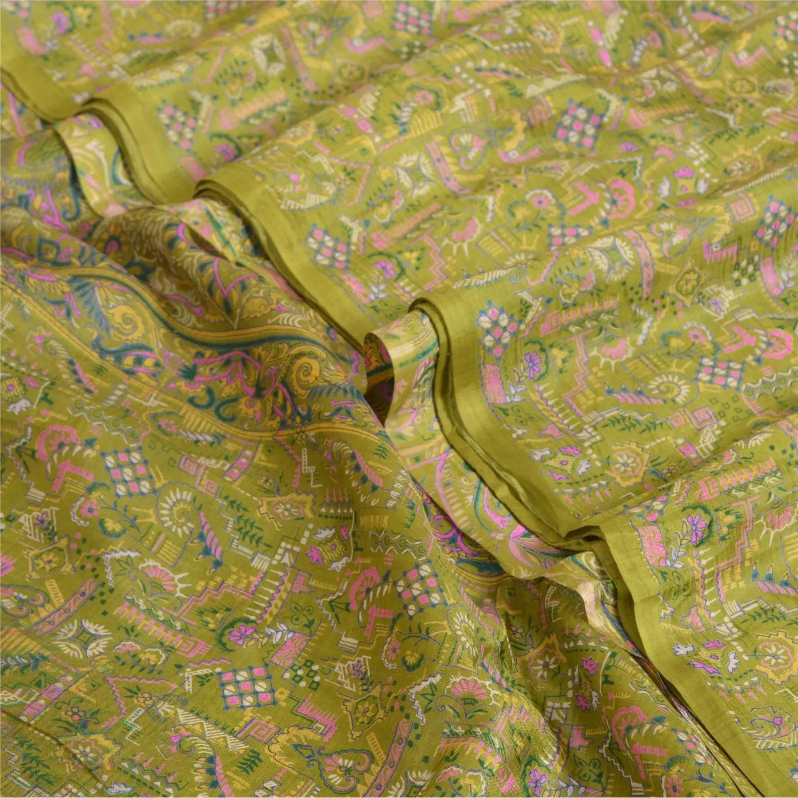 Sanskriti Vintage Sarees Indian Green Pure Silk Printed Sari Floral Craft Fabric