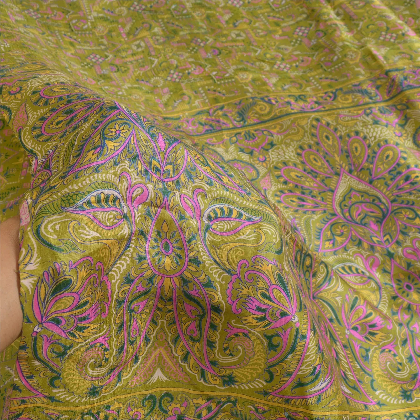 Sanskriti Vintage Sarees Indian Green Pure Silk Printed Sari Floral Craft Fabric