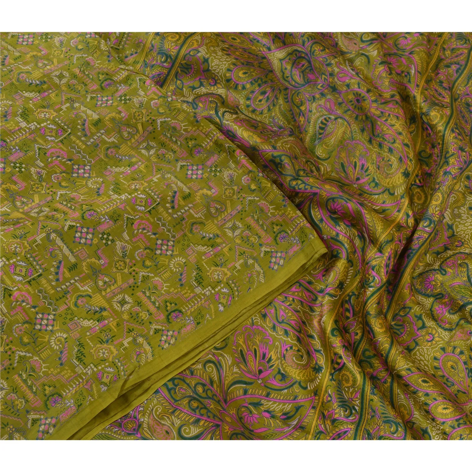 Sanskriti Vintage Sarees Indian Green Pure Silk Printed Sari Floral Craft Fabric