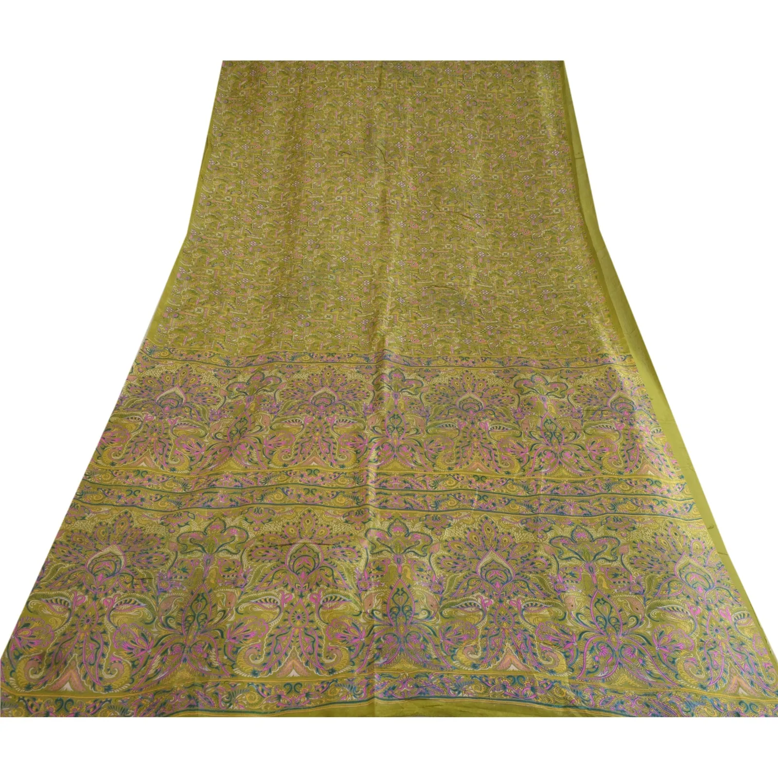 Sanskriti Vintage Sarees Indian Green Pure Silk Printed Sari Floral Craft Fabric