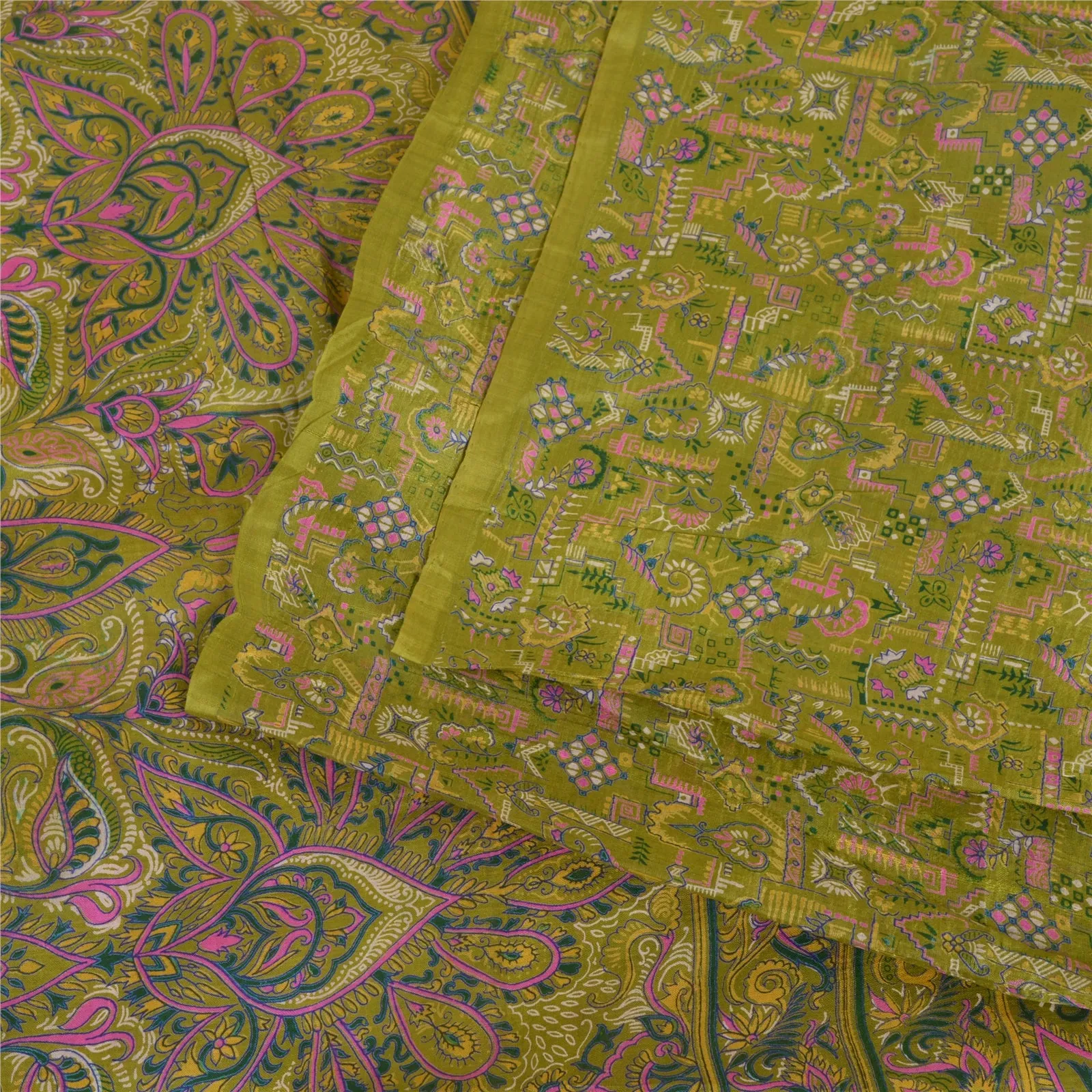 Sanskriti Vintage Sarees Indian Green Pure Silk Printed Sari Floral Craft Fabric