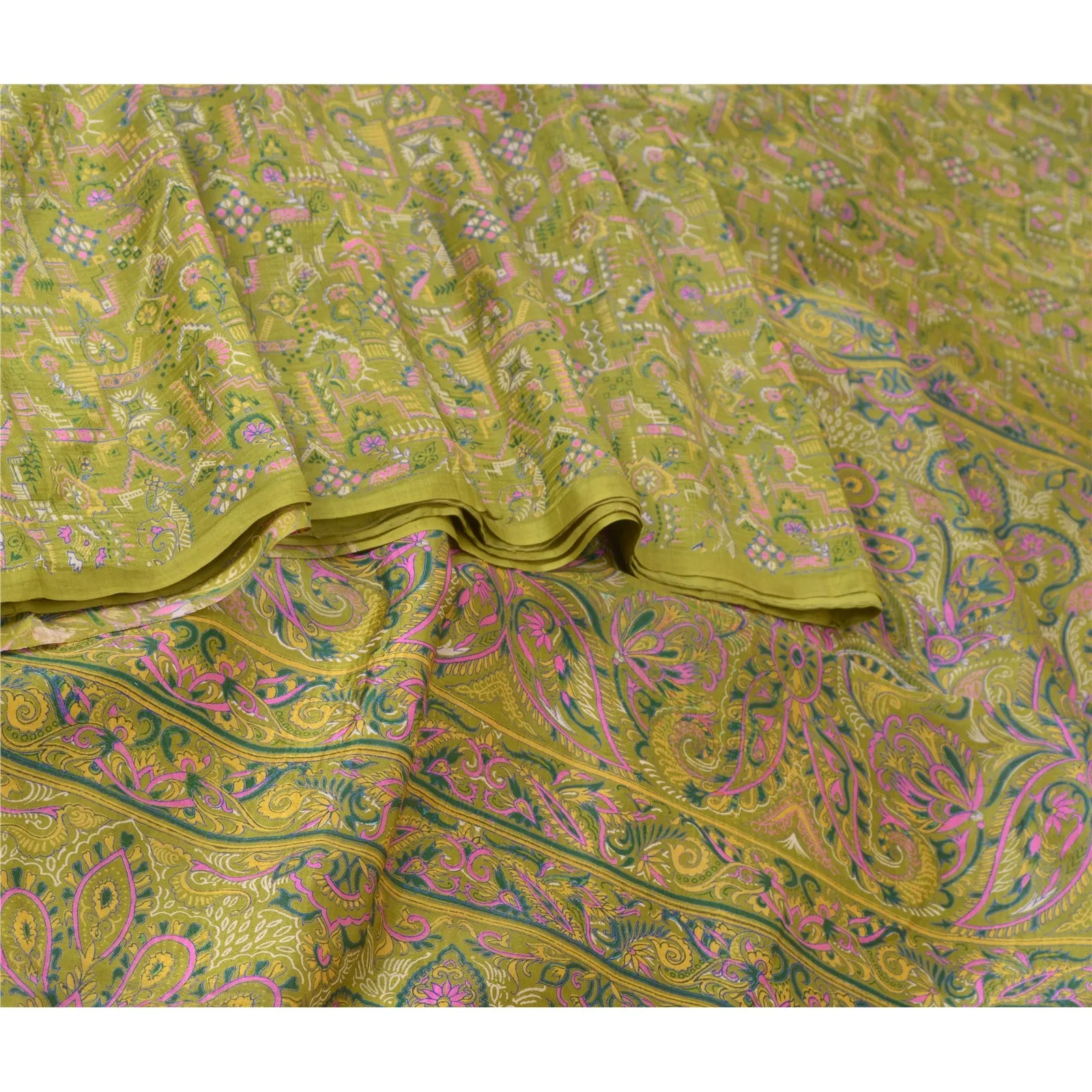 Sanskriti Vintage Sarees Indian Green Pure Silk Printed Sari Floral Craft Fabric