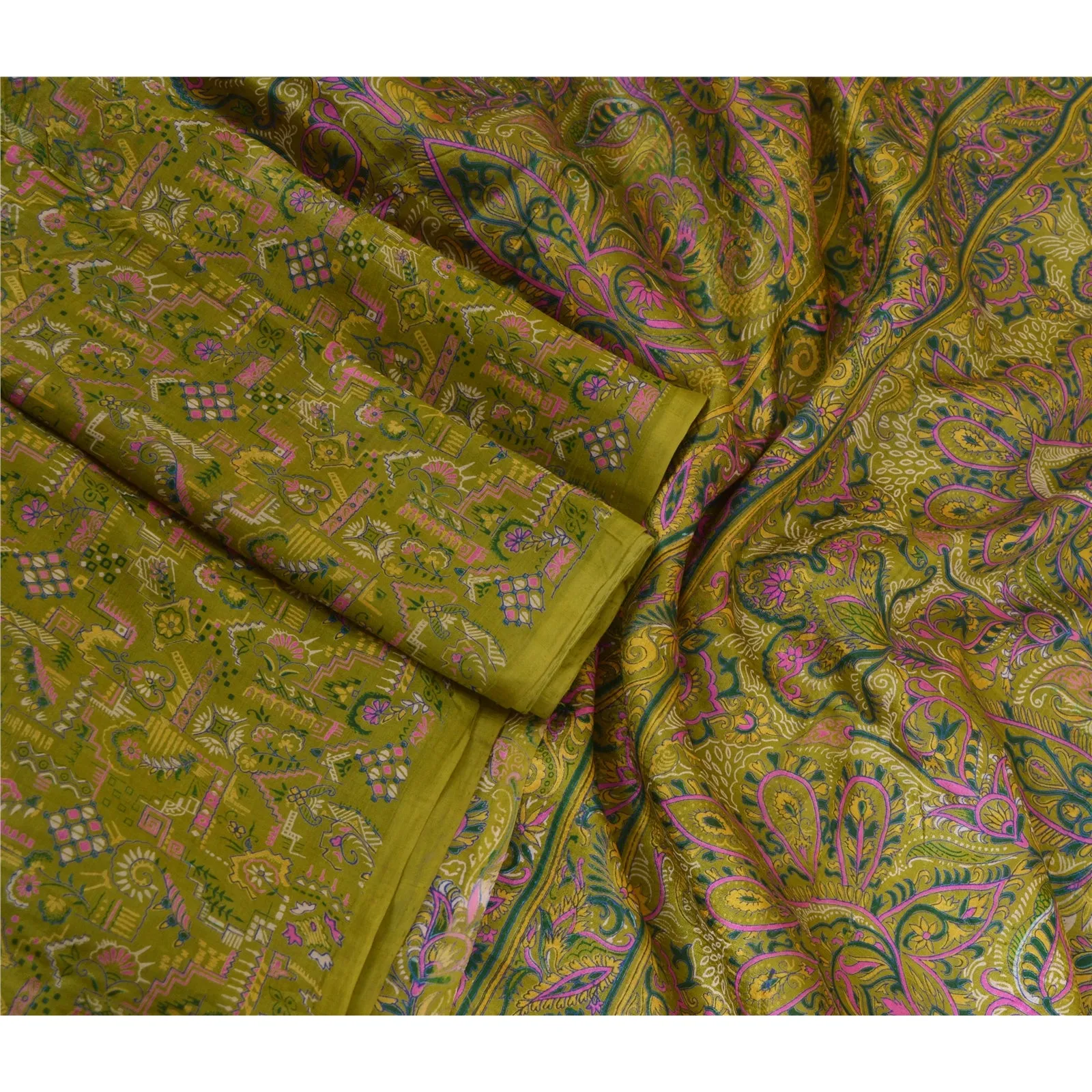 Sanskriti Vintage Sarees Indian Green Pure Silk Printed Sari Floral Craft Fabric