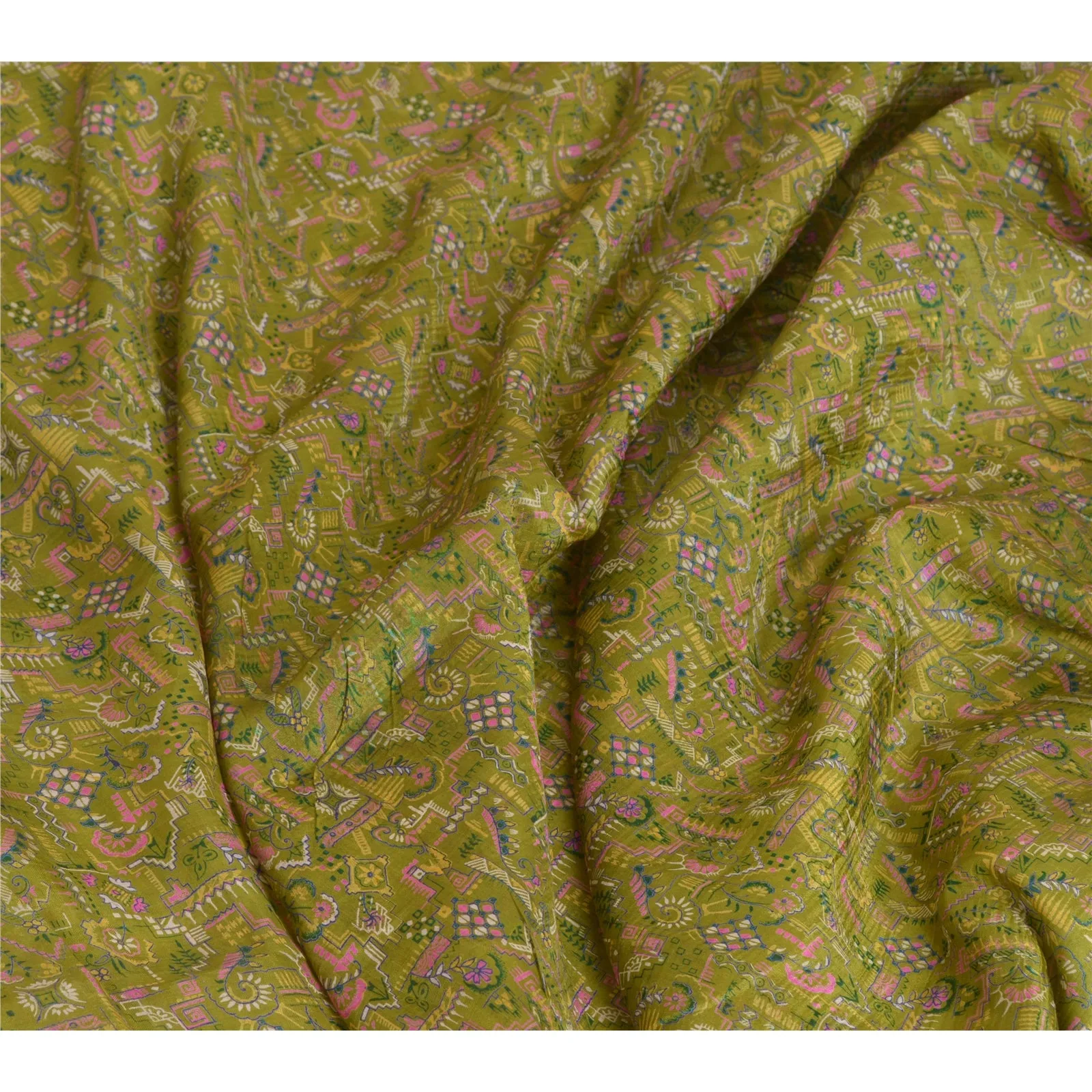 Sanskriti Vintage Sarees Indian Green Pure Silk Printed Sari Floral Craft Fabric