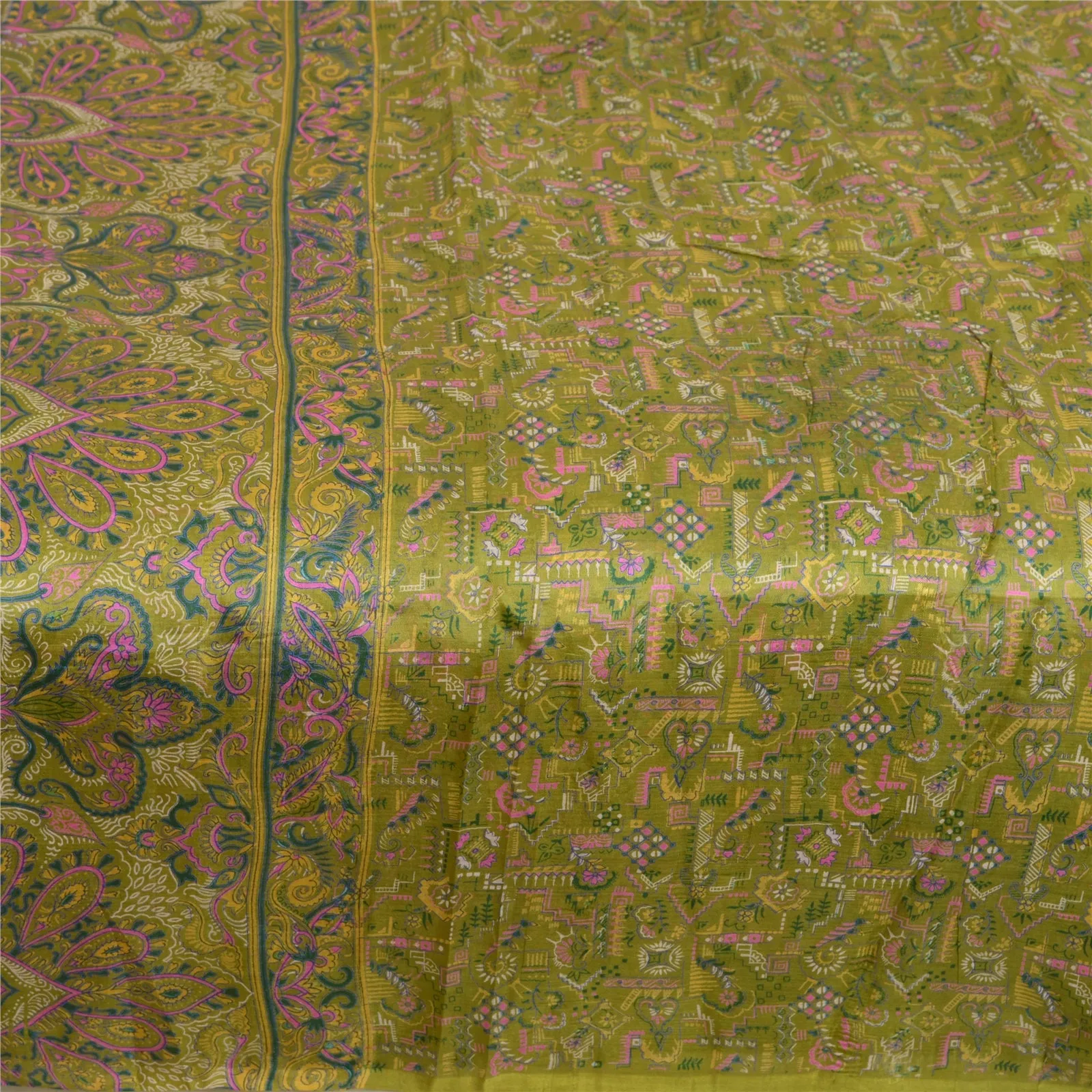 Sanskriti Vintage Sarees Indian Green Pure Silk Printed Sari Floral Craft Fabric