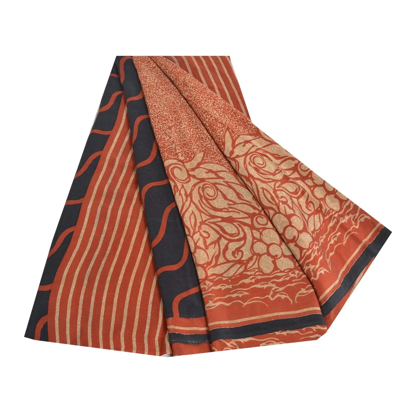 Sanskriti Vintage Sarees Indian Orange Pure Crepe Silk Sari Soft Craft Fabric