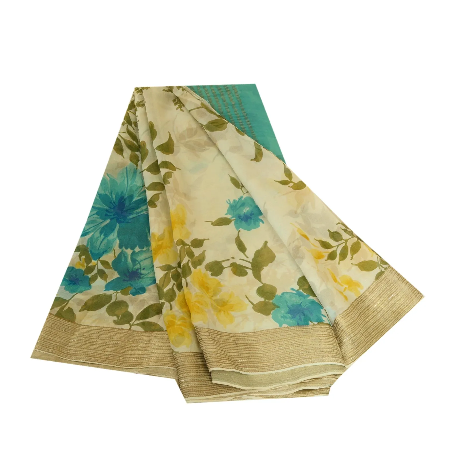 Sanskriti Vintage Sarees Ivory Pure Georgette Silk Print Woven Sari Craft Fabric