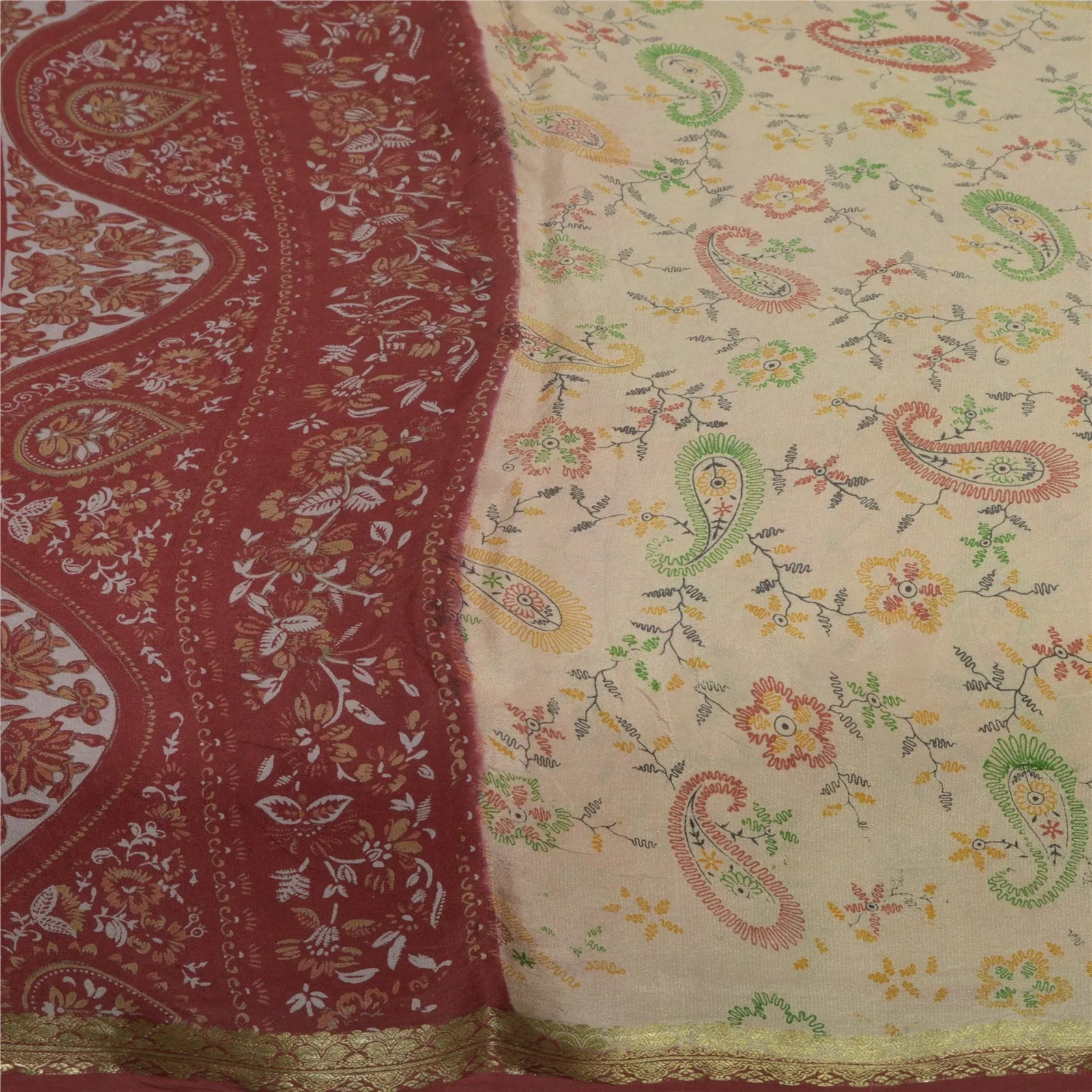 Sanskriti Vintage Sarees Ivory Zari Border Pure Silk Printed Sari Craft Fabric