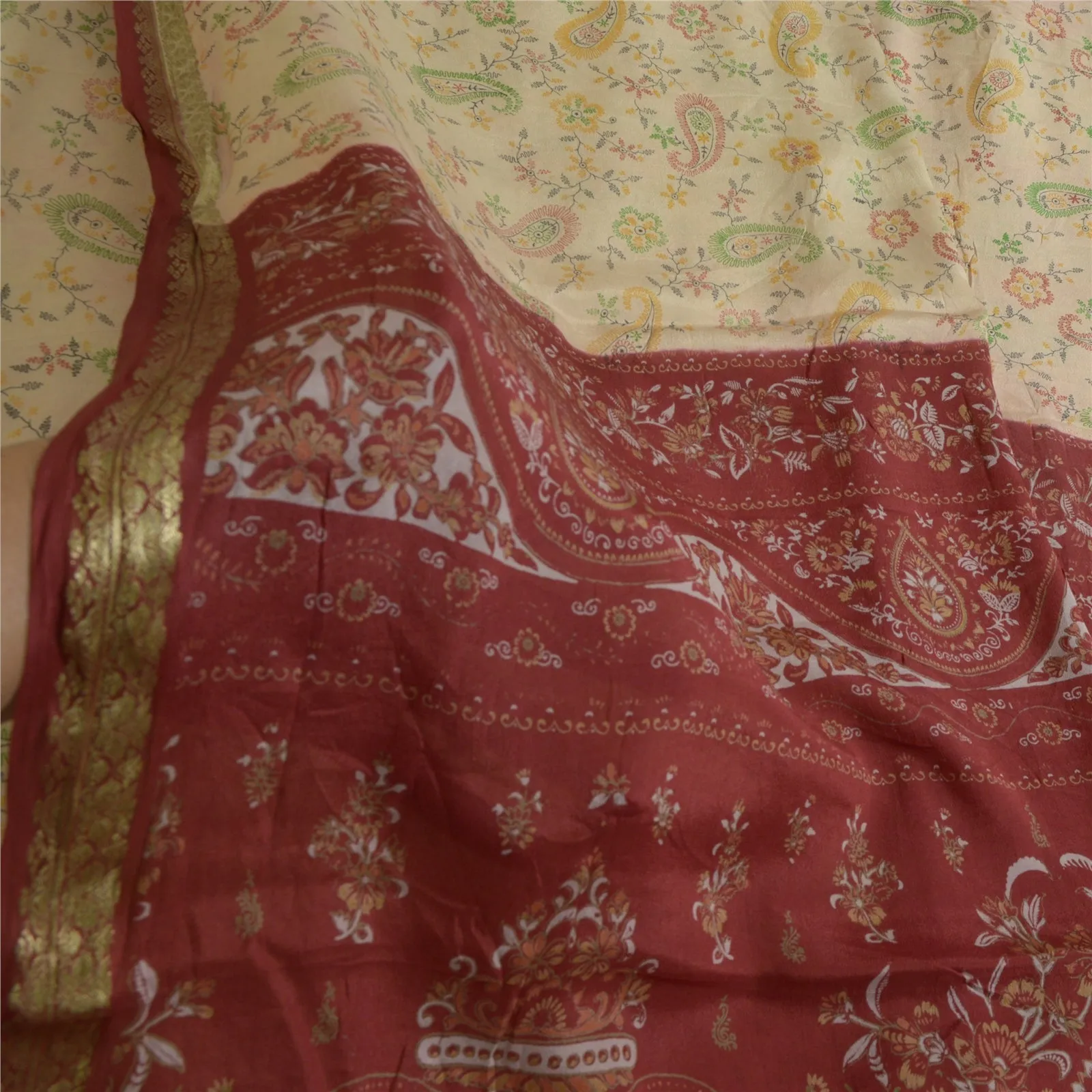 Sanskriti Vintage Sarees Ivory Zari Border Pure Silk Printed Sari Craft Fabric