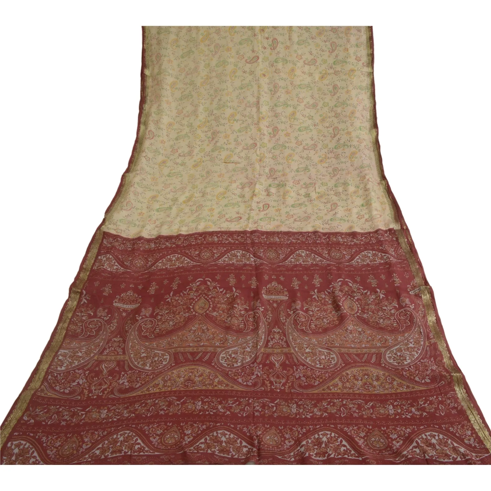 Sanskriti Vintage Sarees Ivory Zari Border Pure Silk Printed Sari Craft Fabric